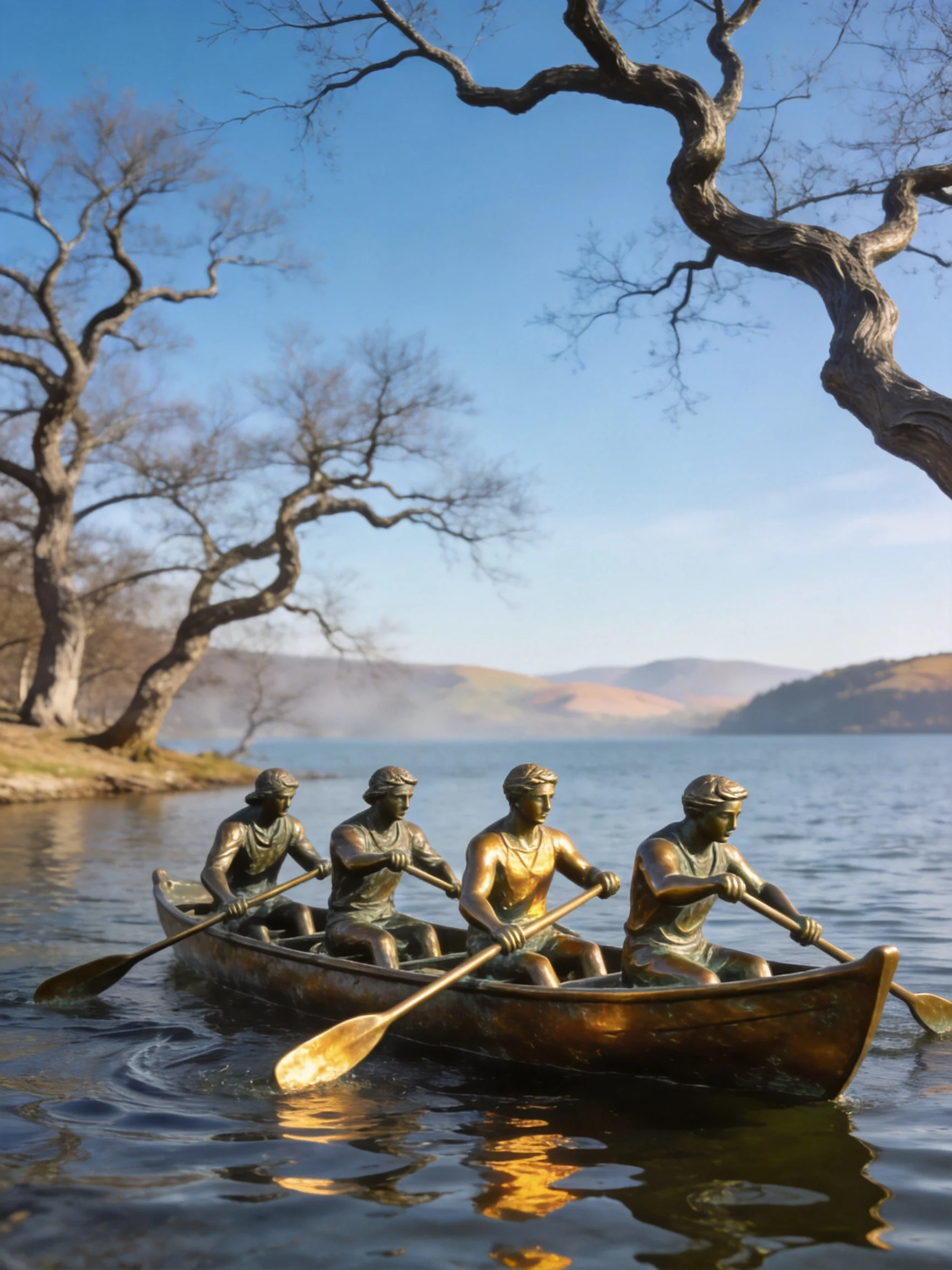 Four bronze figures paddling a canoe near twisted tree branches by a lake