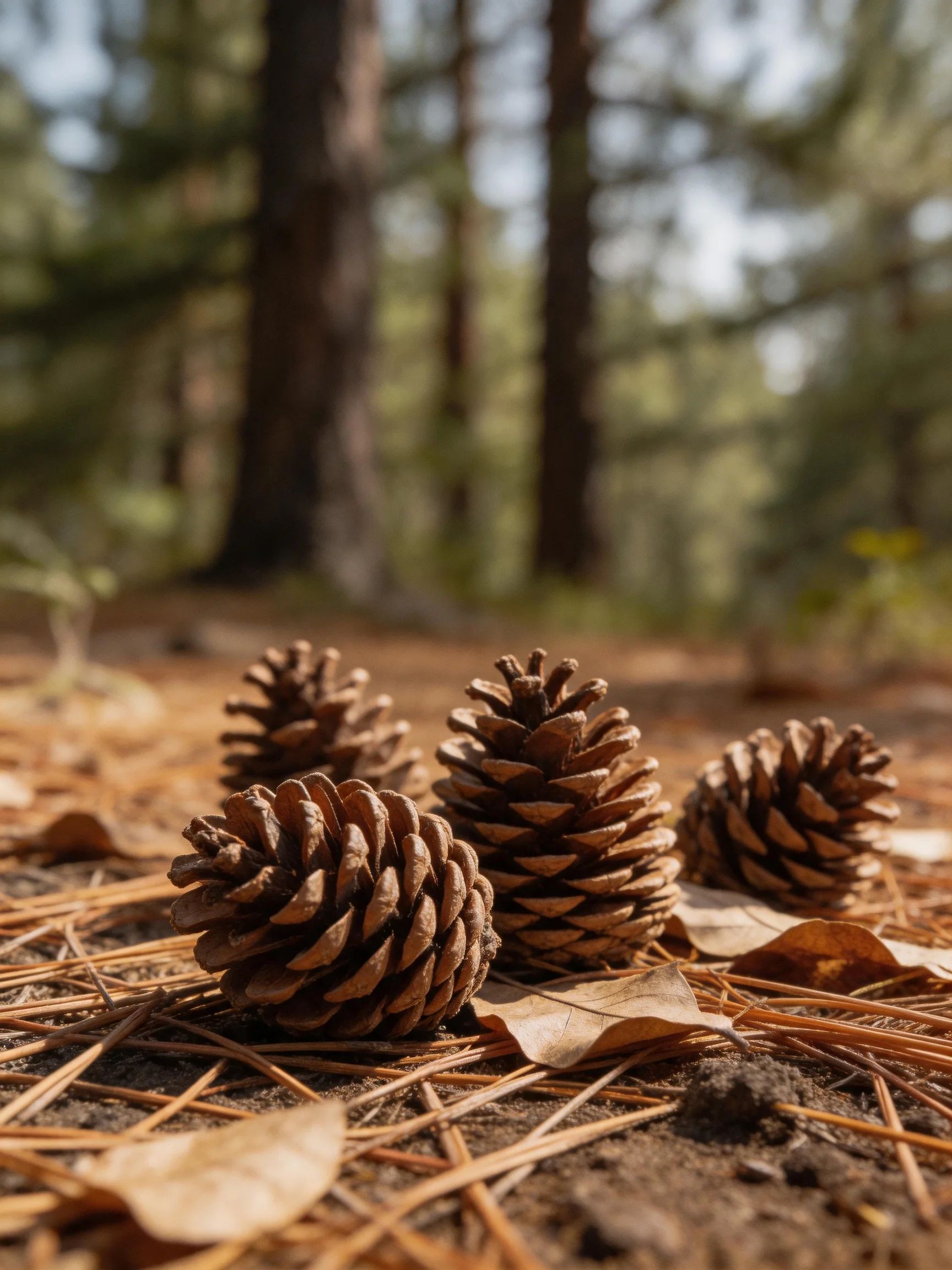 Four brown pine cones rest among dry needles and leaves in a sunlit forest