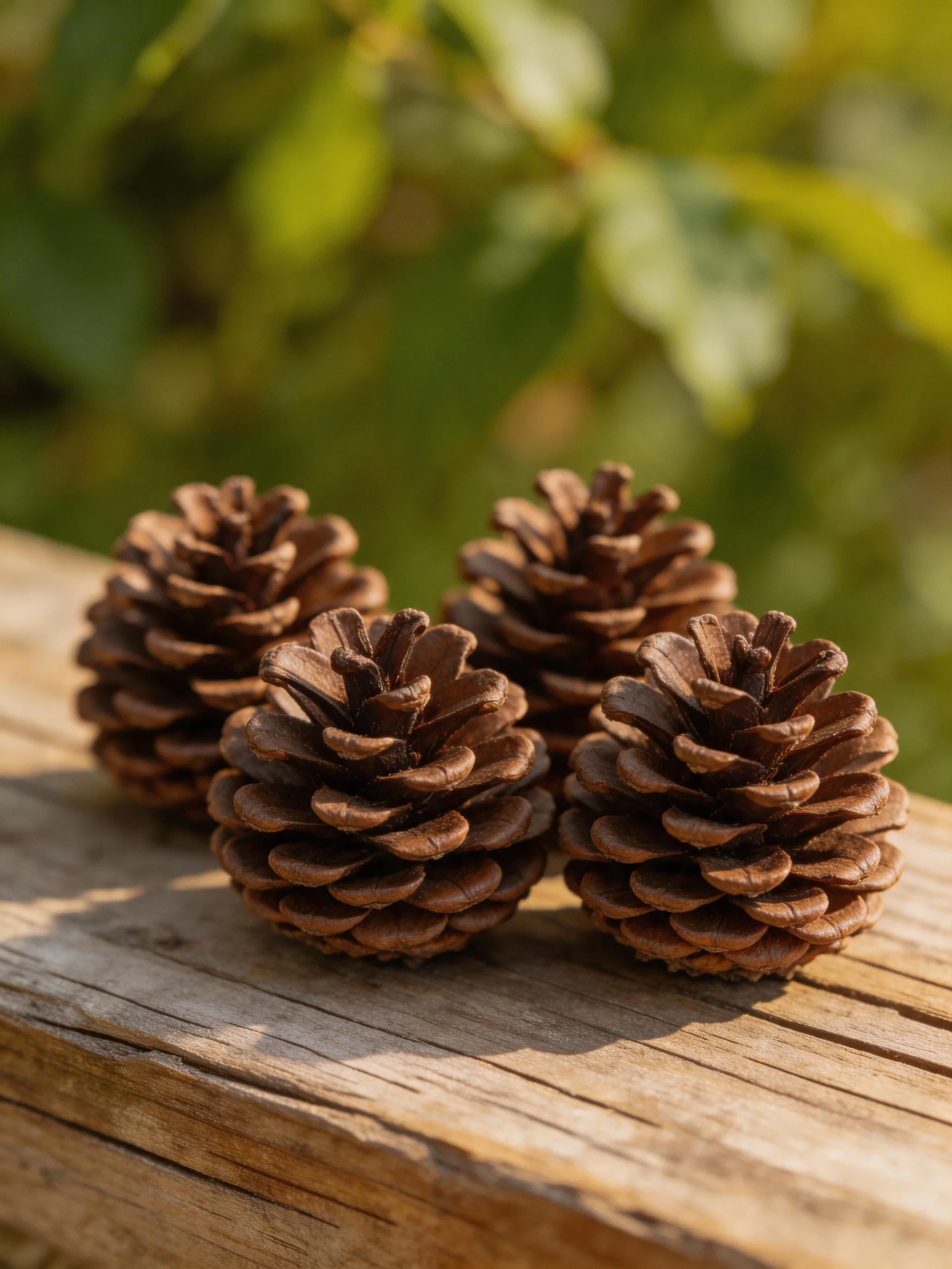 Four brown pine cones rest on a weathered wooden plank