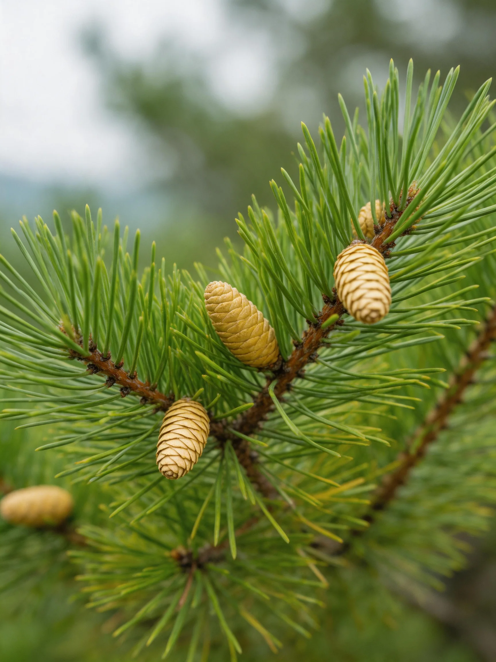 Four golden pine cones among vibrant green needle branches