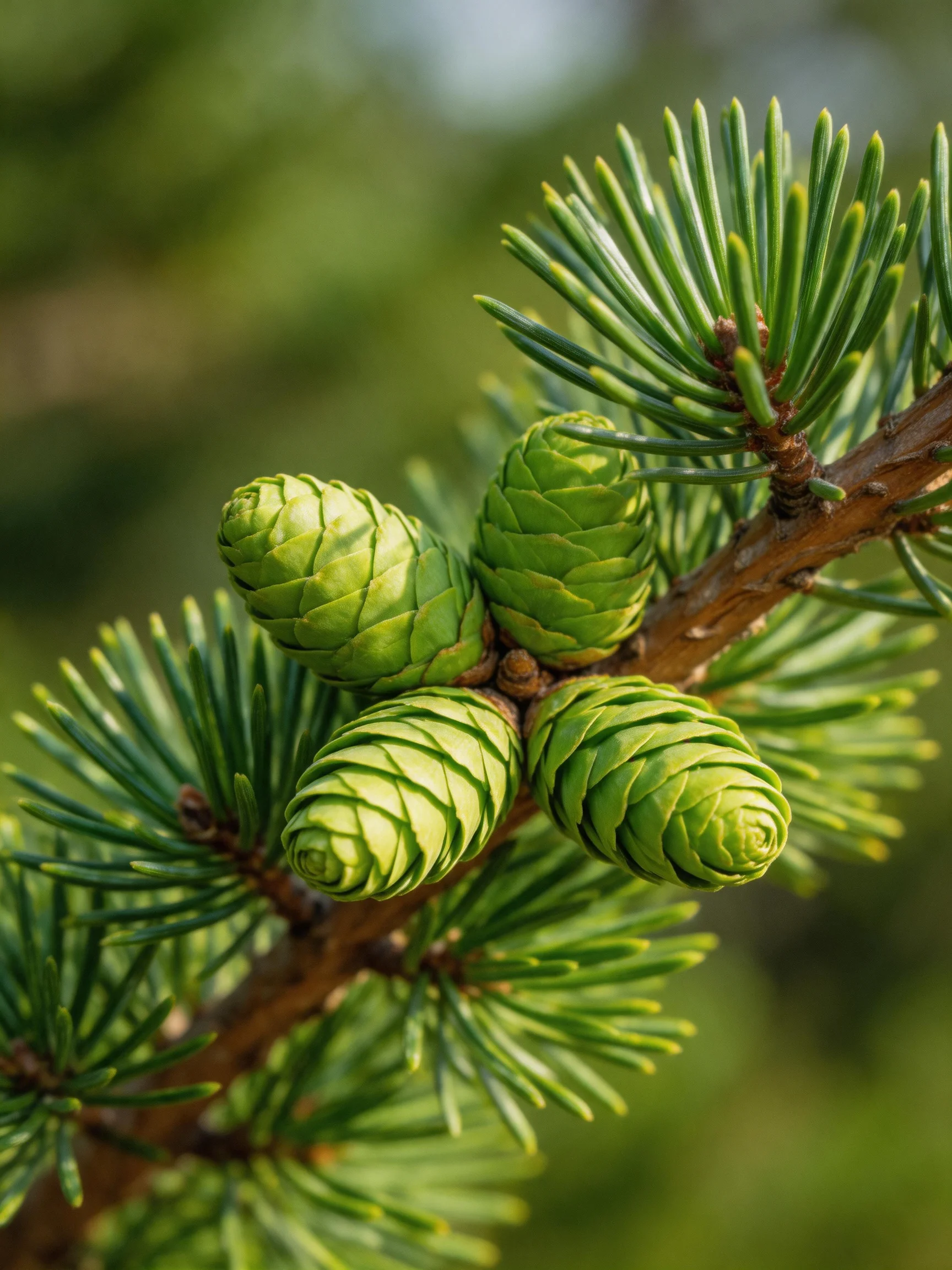 Four green pine cones on an evergreen branch with needle foliage