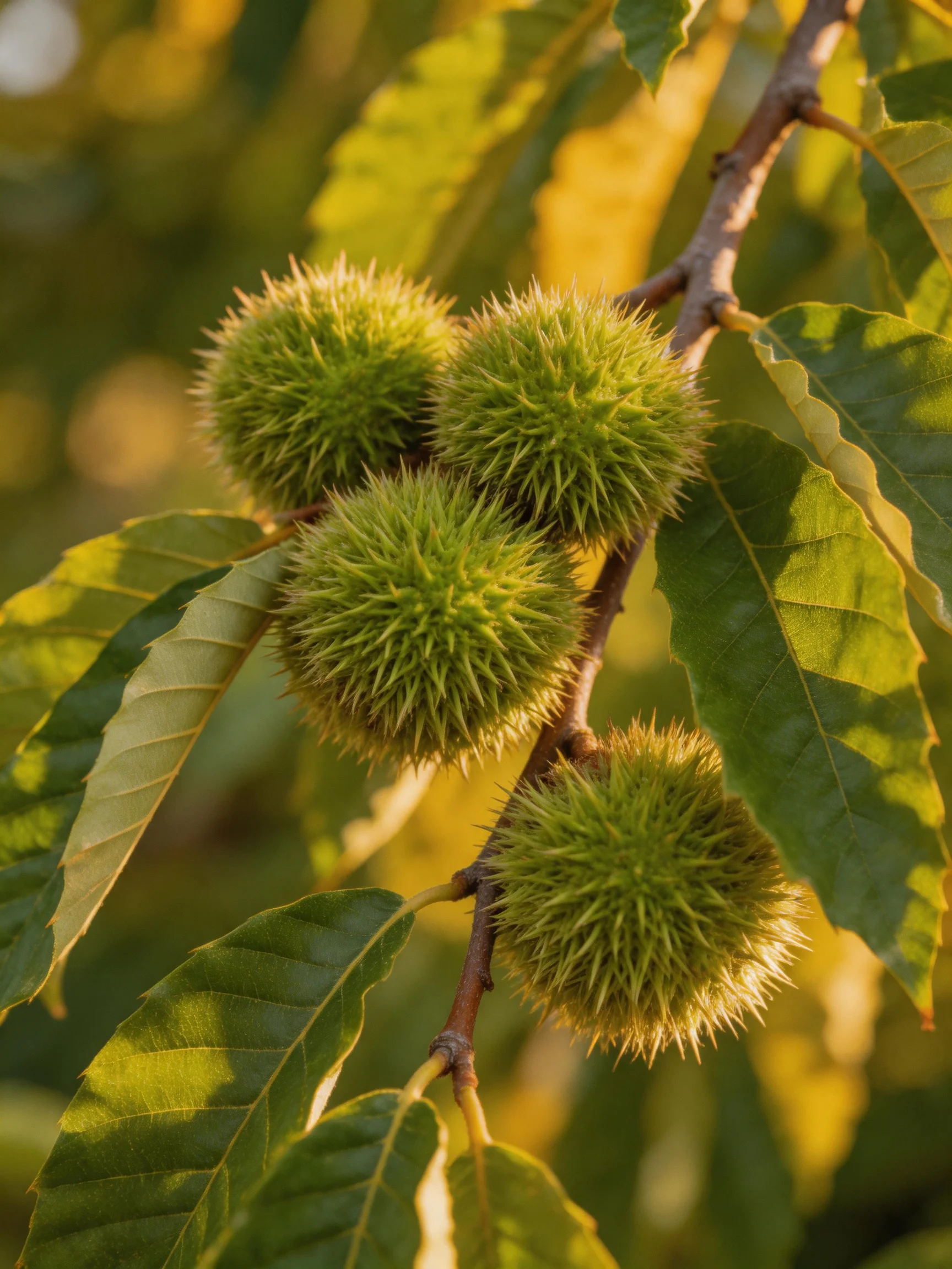 Four green spiky chestnuts on a leafy branch