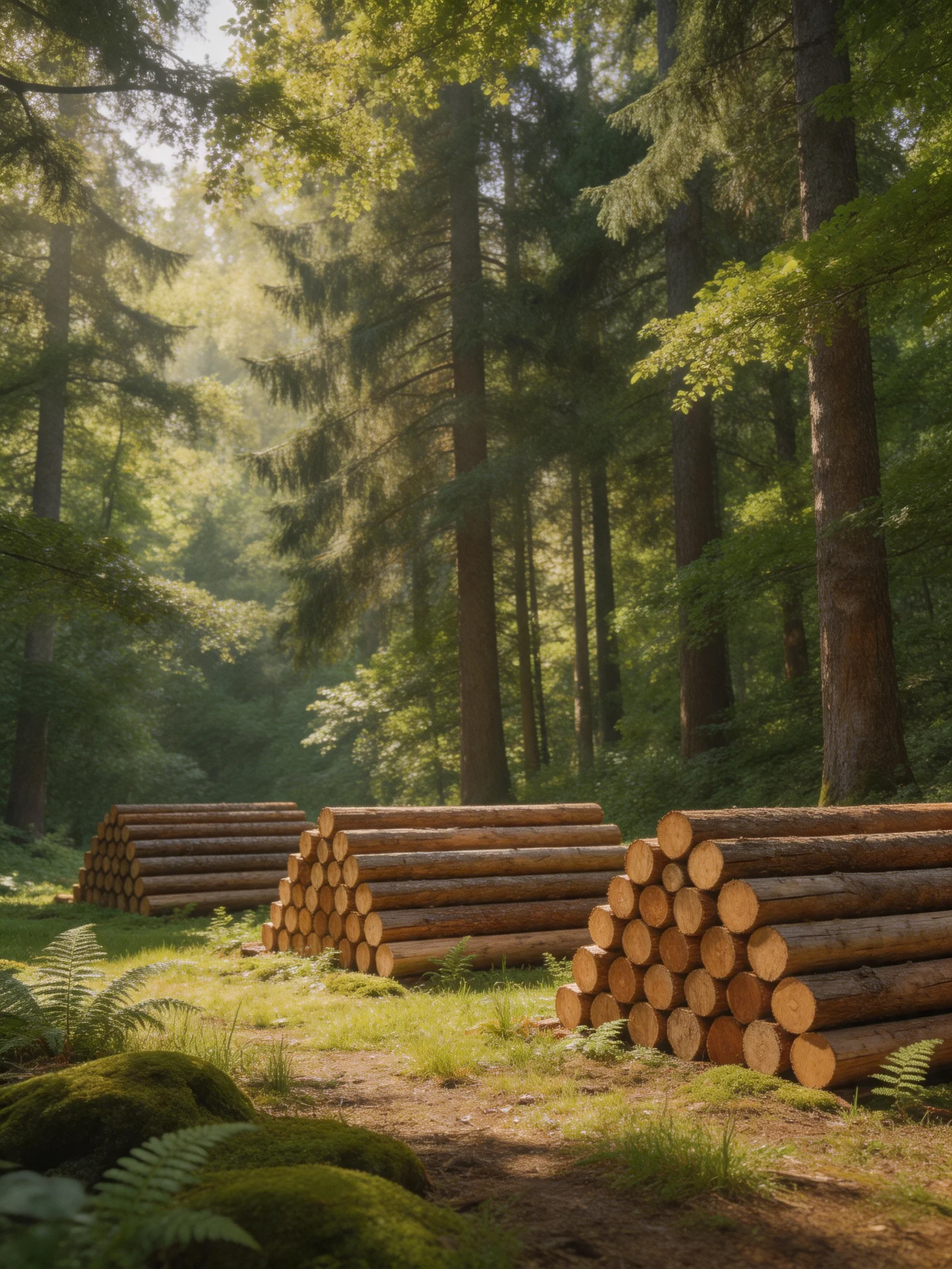 Four stacks of cut logs in a sun-dappled forest clearing