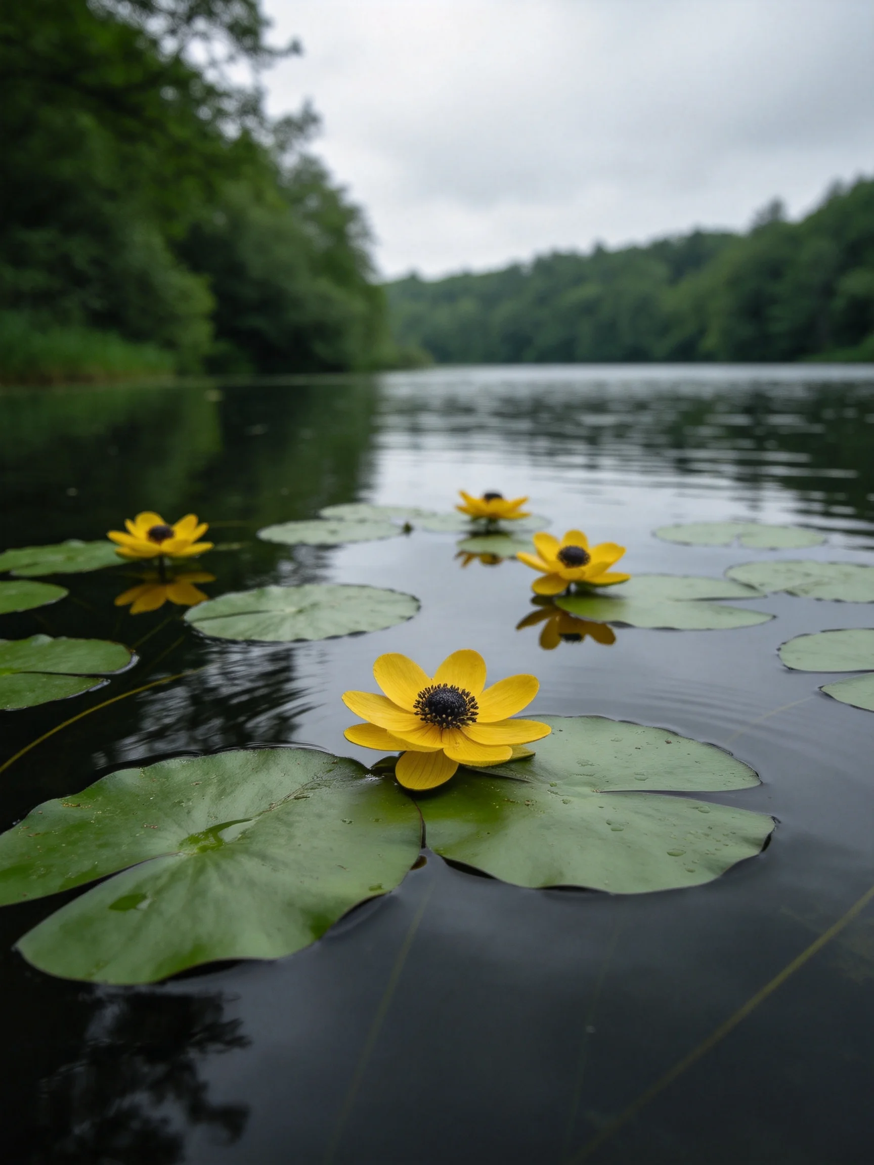 Four vibrant yellow flowers float amid large green lily pads on a serene lake