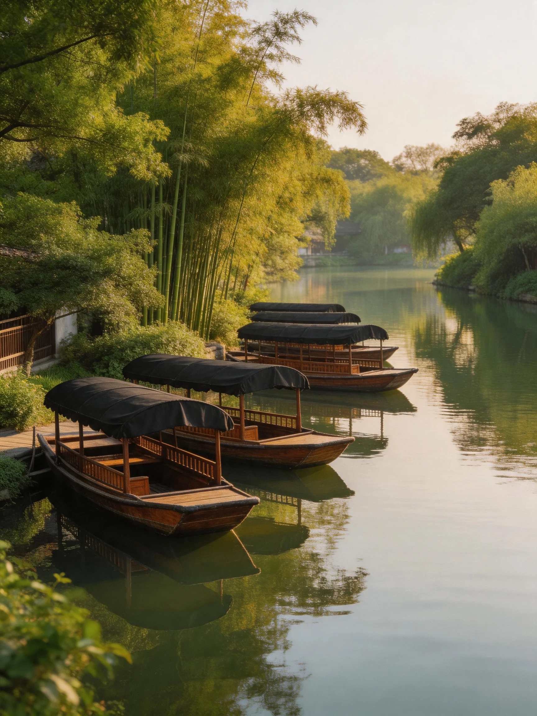 Four wooden boats with black canopies docked near lush greenery