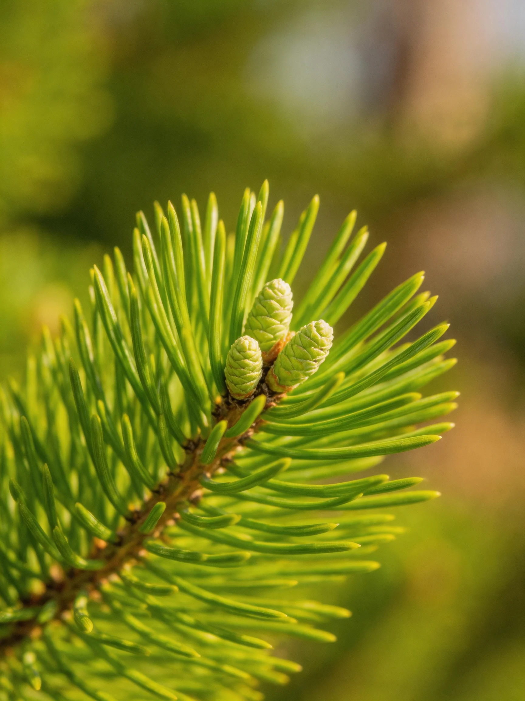 Fresh Green Pine Needles with Two Small Cones