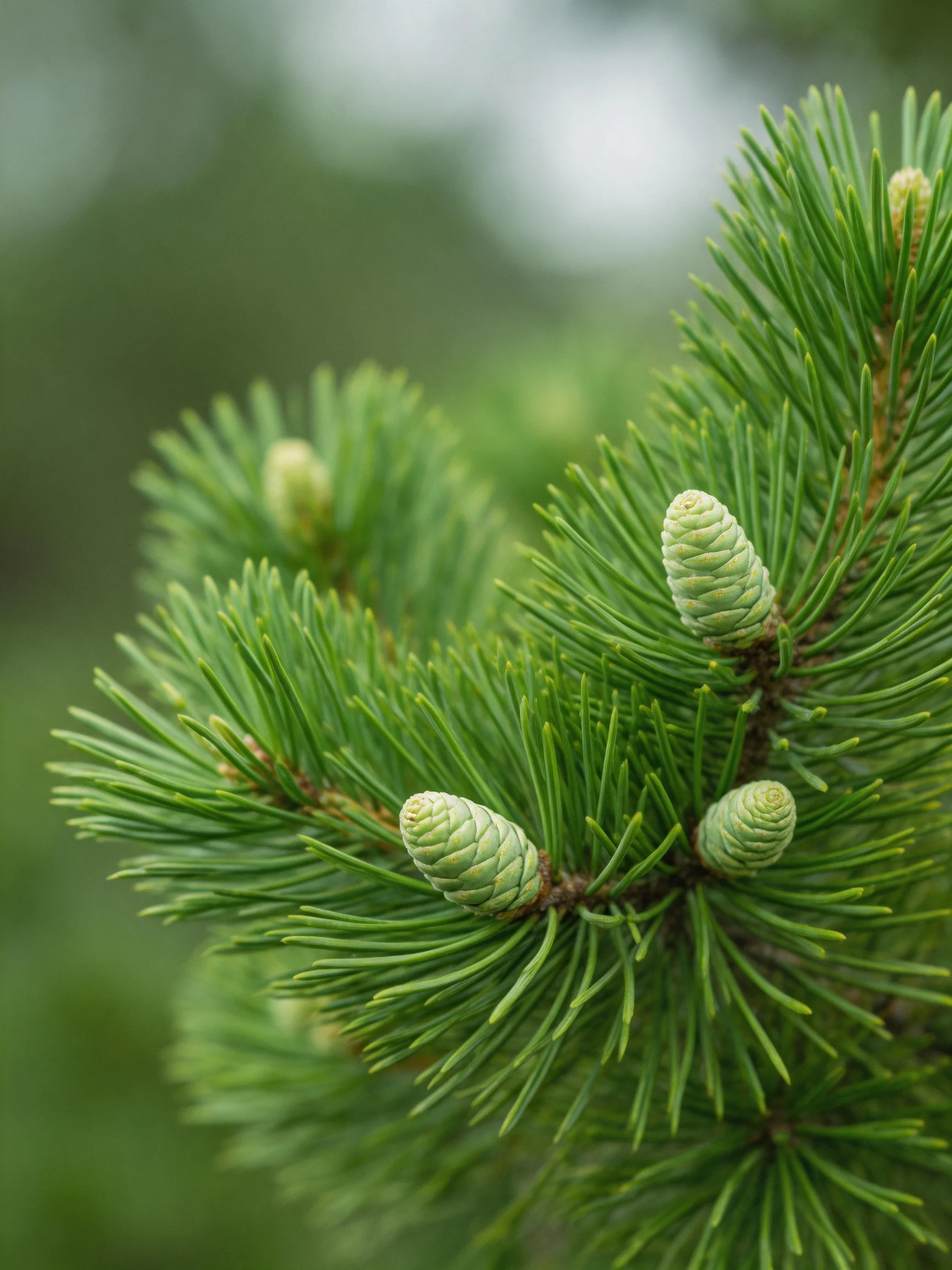 Fresh green pine branches with budding cones