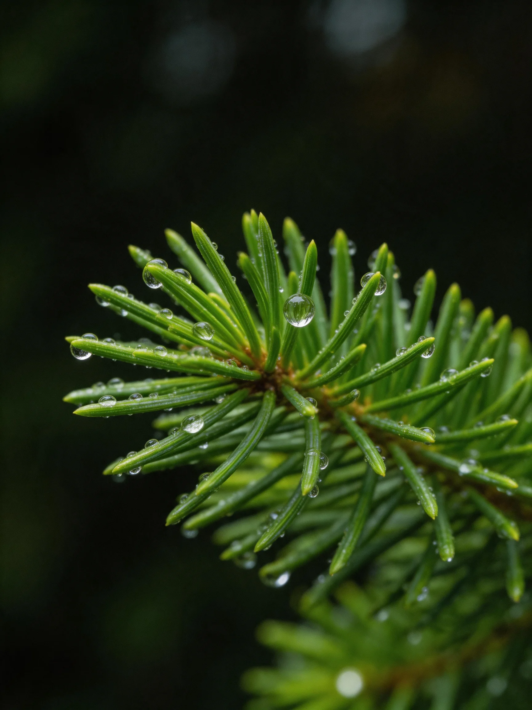 Fresh green pine needles with glistening dewdrops