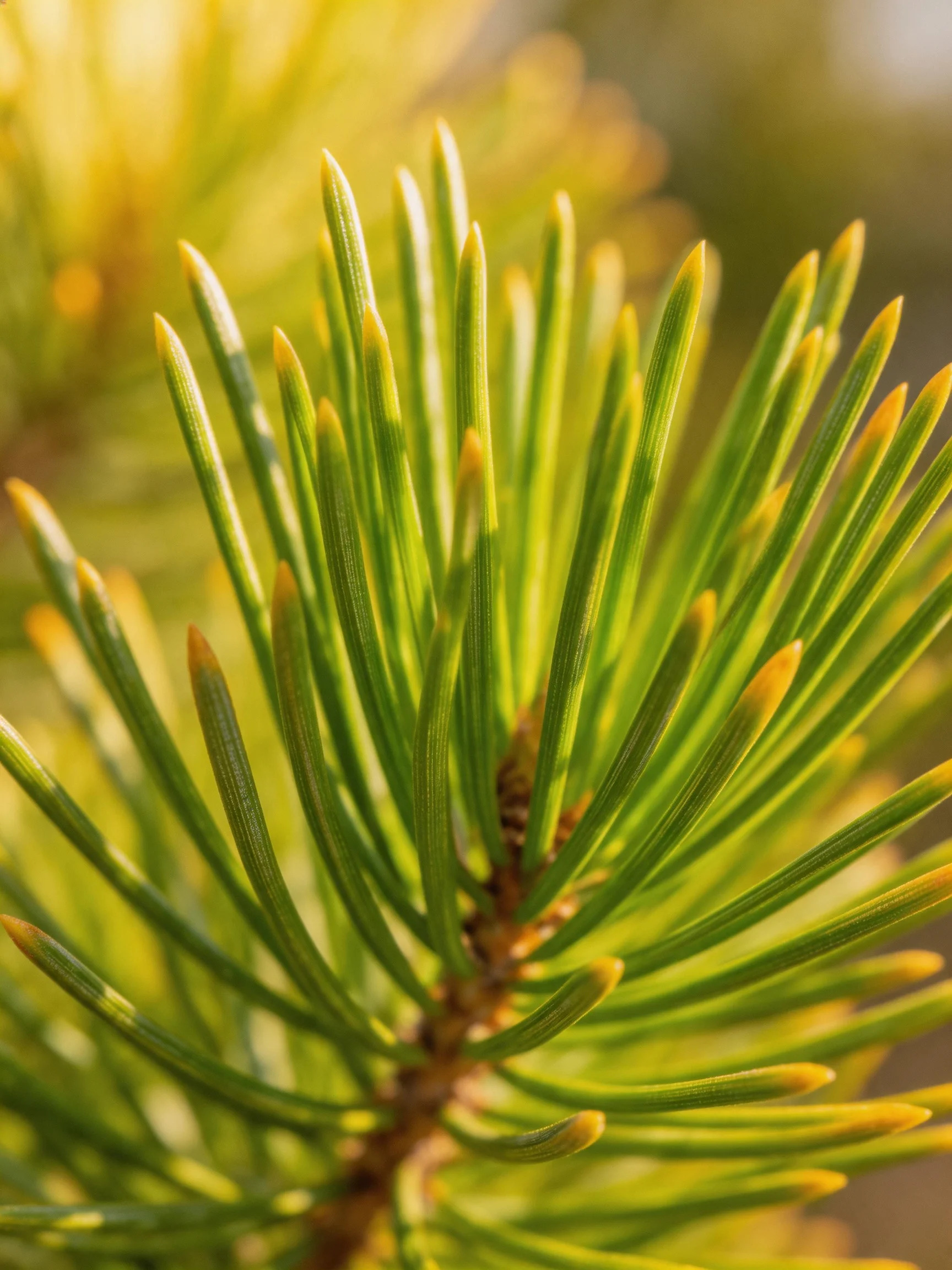 Fresh green pine needles with golden tips in close-up detail