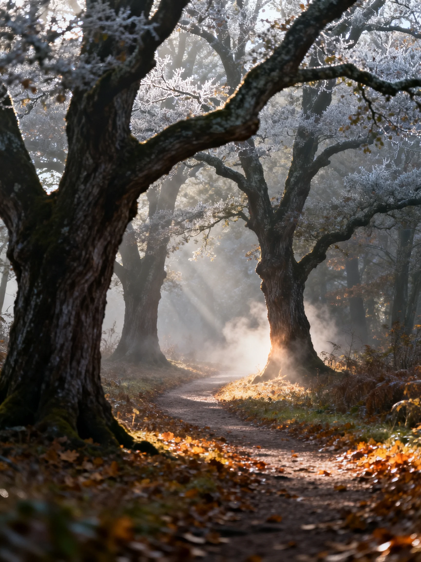 Frost-Covered Ancient Trees Along a Sunlit Forest Path