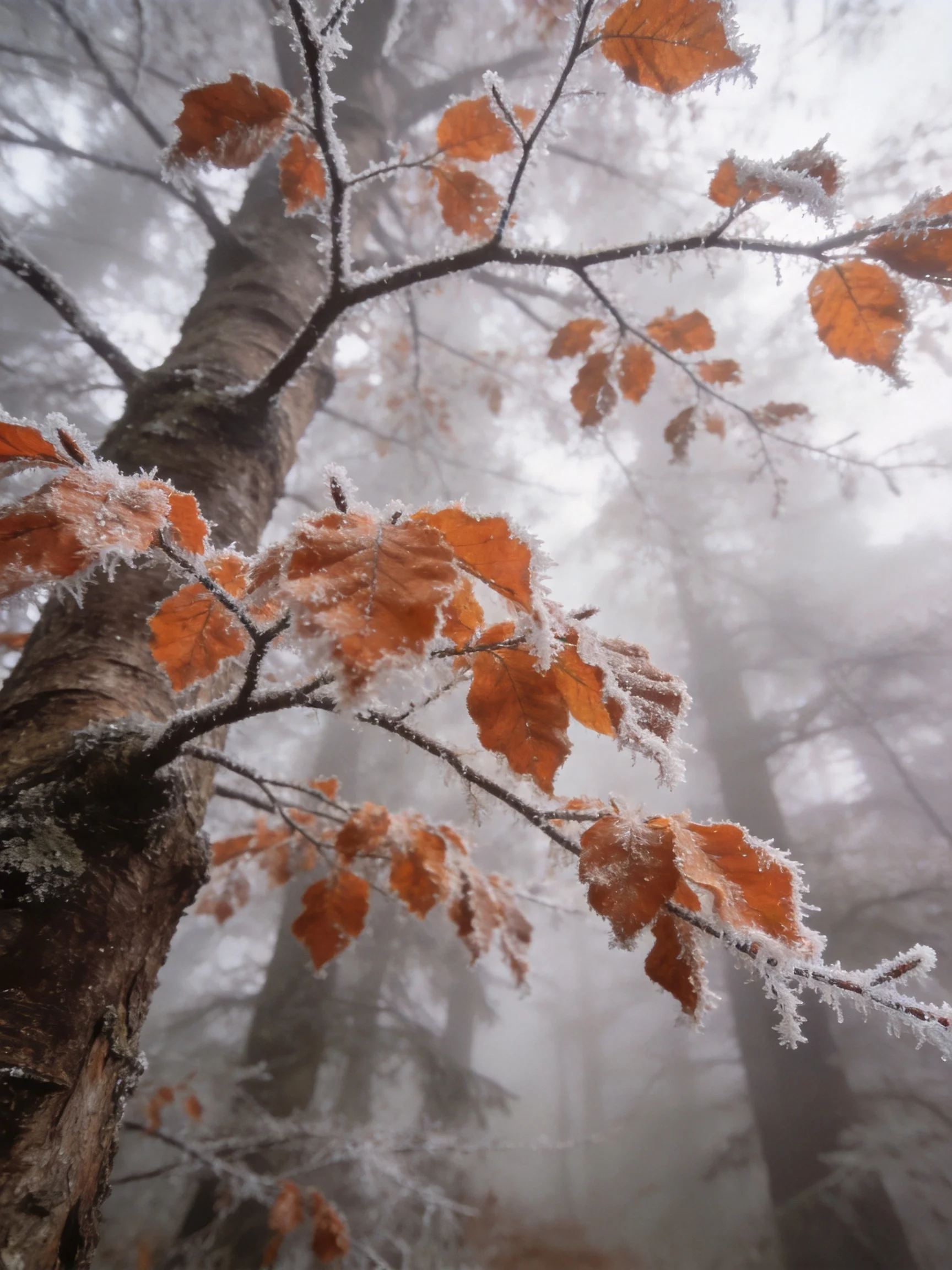 Frost-Covered Autumn Leaves in a Misty Forest