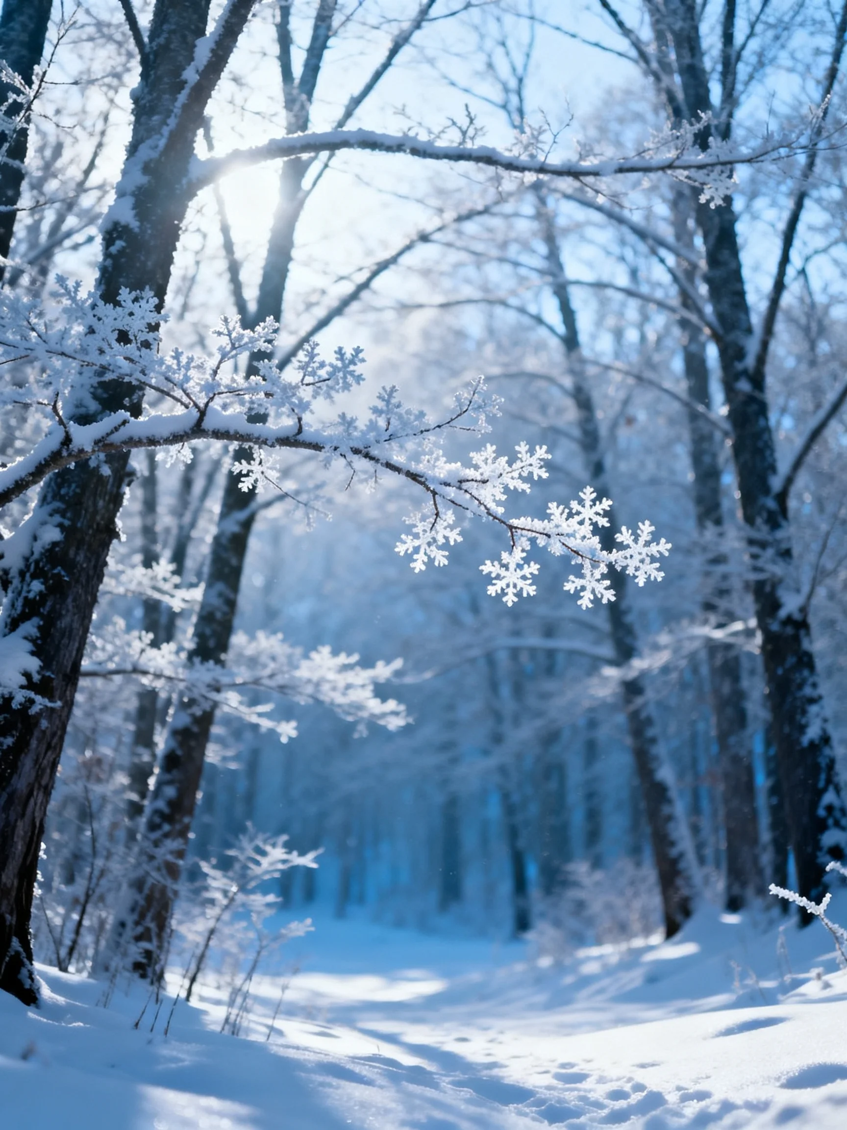 Frost-Covered Branches in a Sunlit Winter Forest