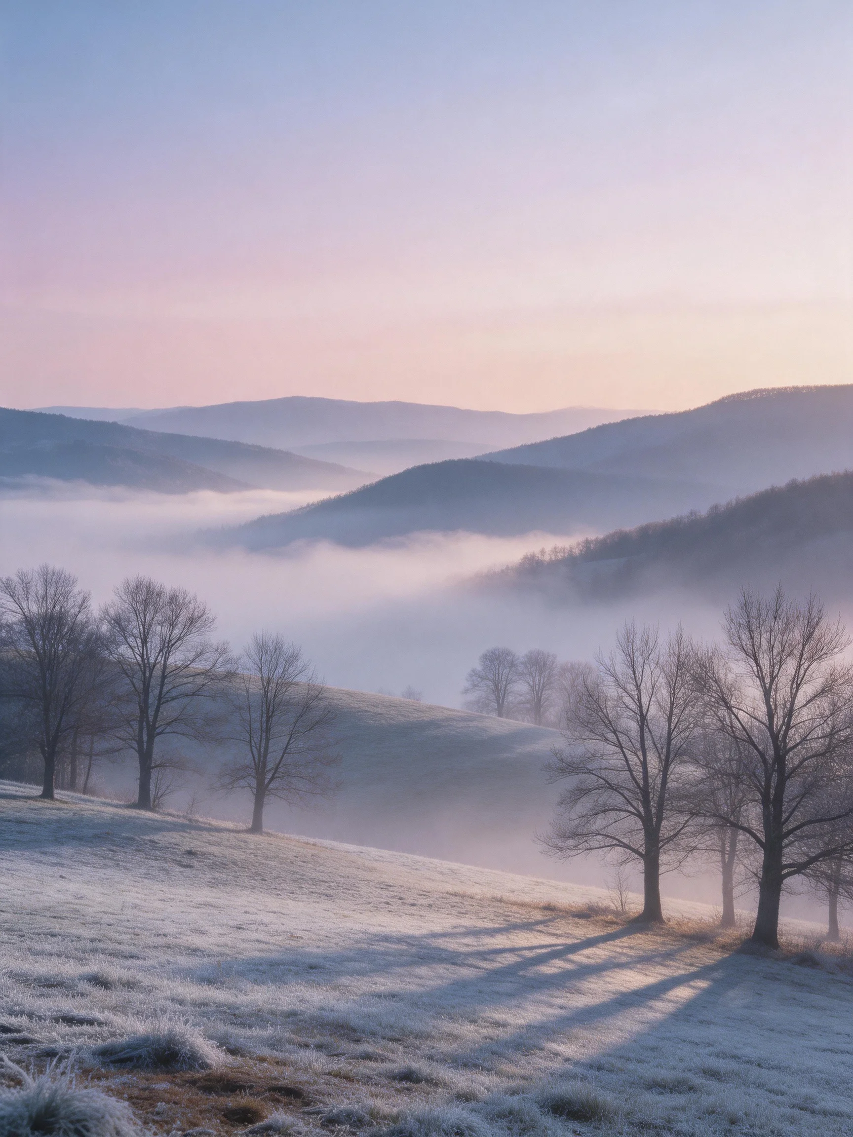Frost-Covered Field with Misty Mountain Valleys and Bare Trees