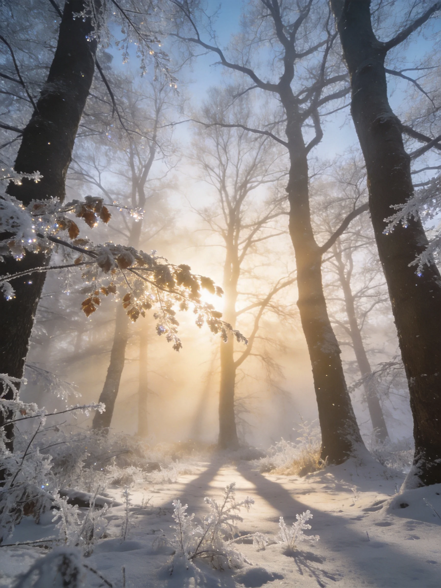 Frost-Covered Forest Illuminated by Golden Morning Light