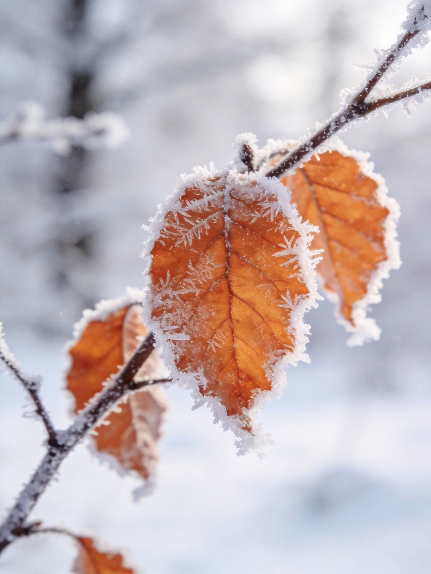 Frost-Covered Orange Leaves on Branches Against Winter Background