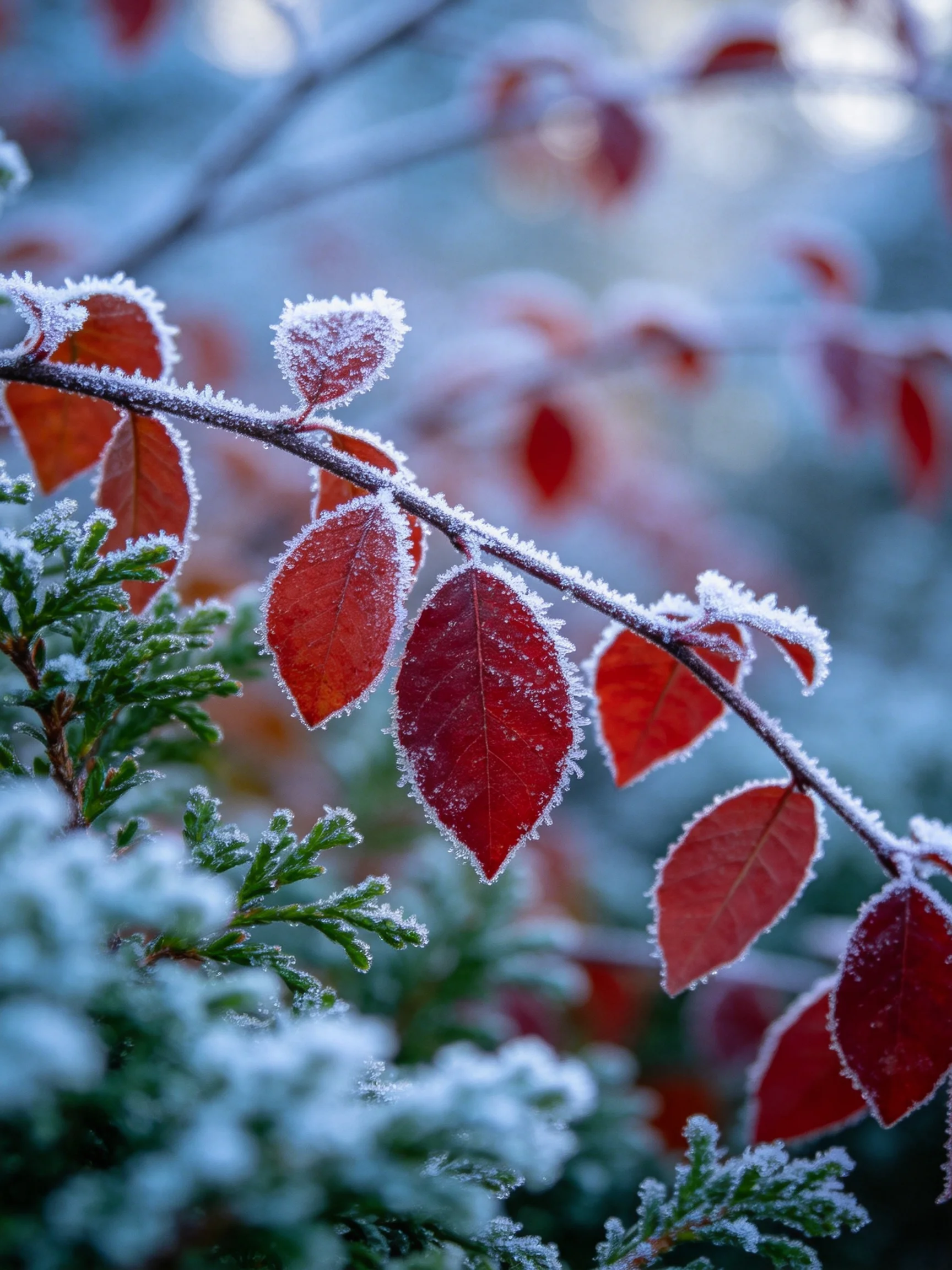Frost-Covered Red Leaves on a Branch with Green Foliage