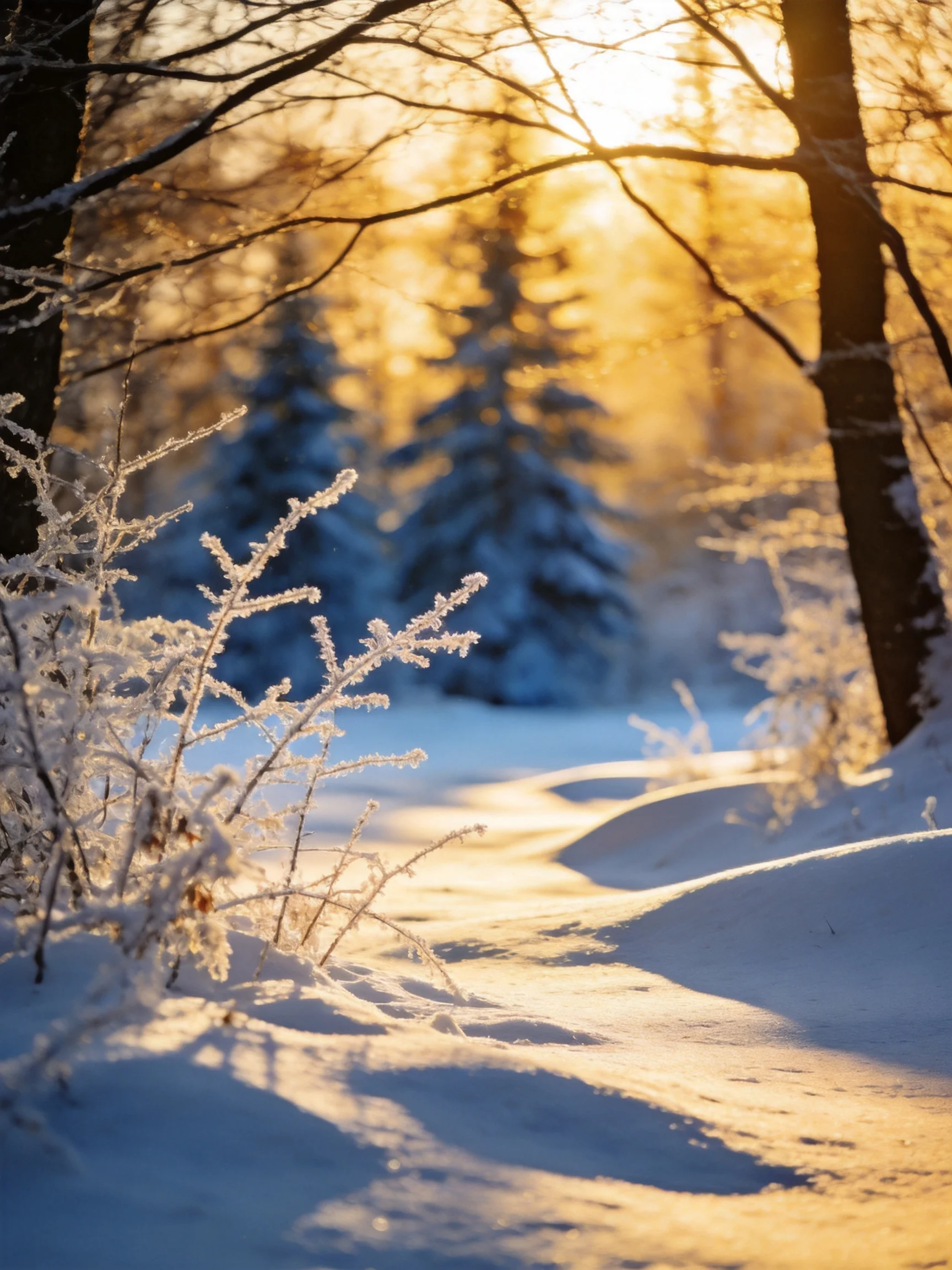 Frost-covered snowy forest illuminated by golden light