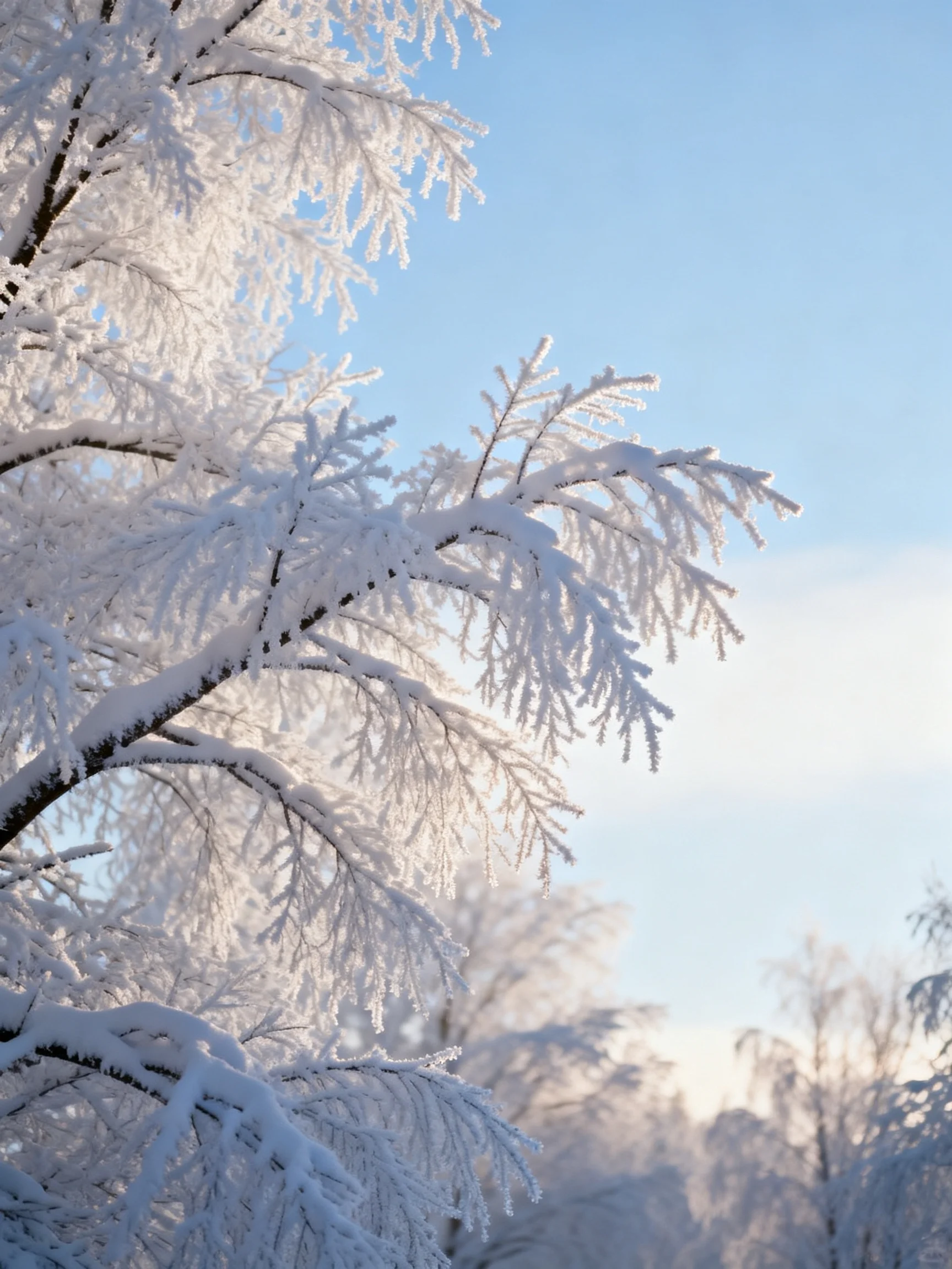 Frost-covered tree branches with snowy accents under a bright blue sky