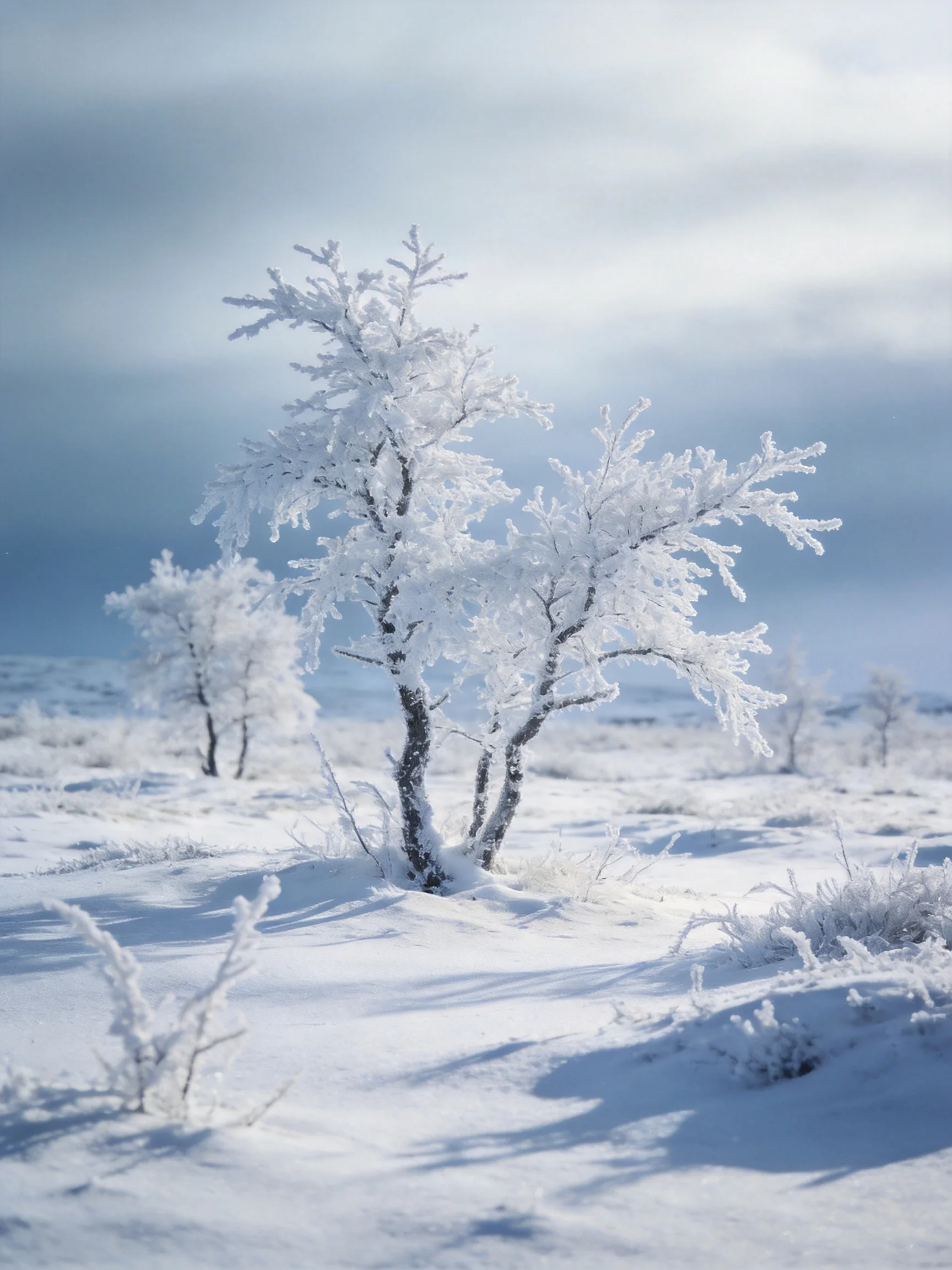 Frost-covered trees dot a wide snowy landscape
