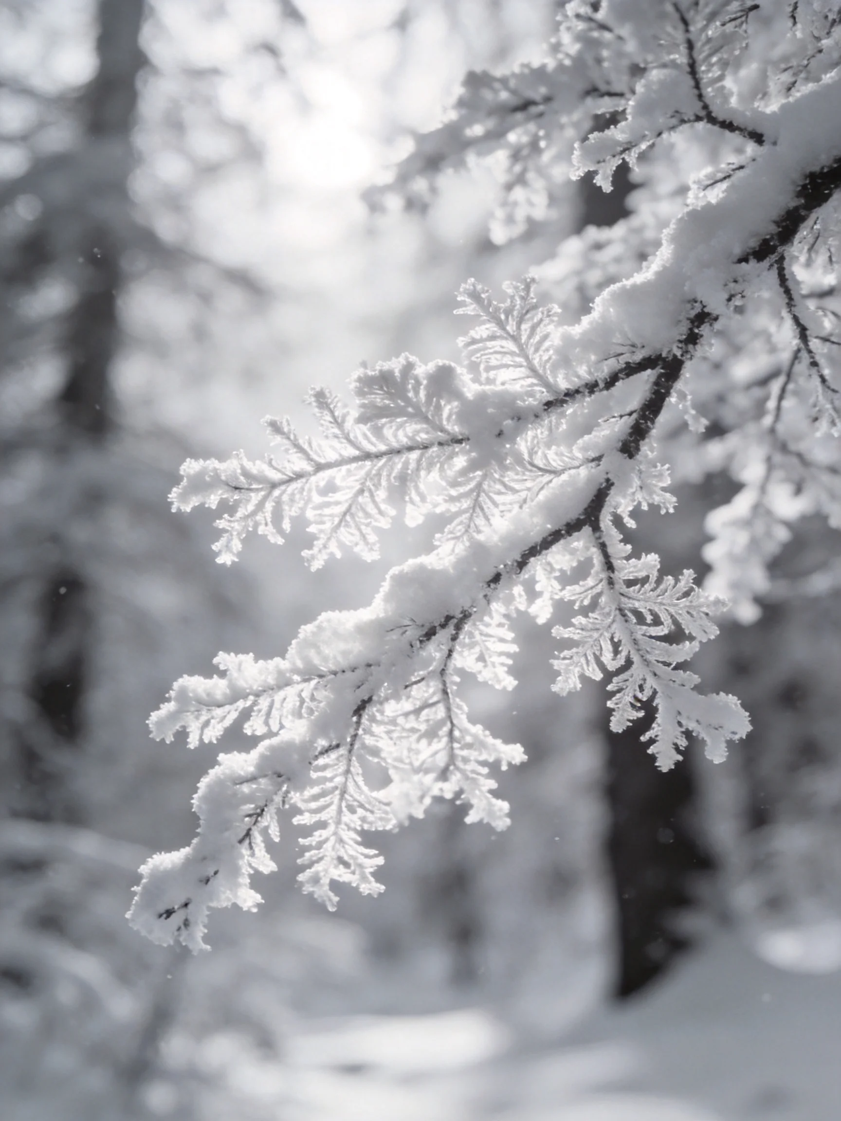 Frost-laden evergreen branches blanketed in pristine white snow