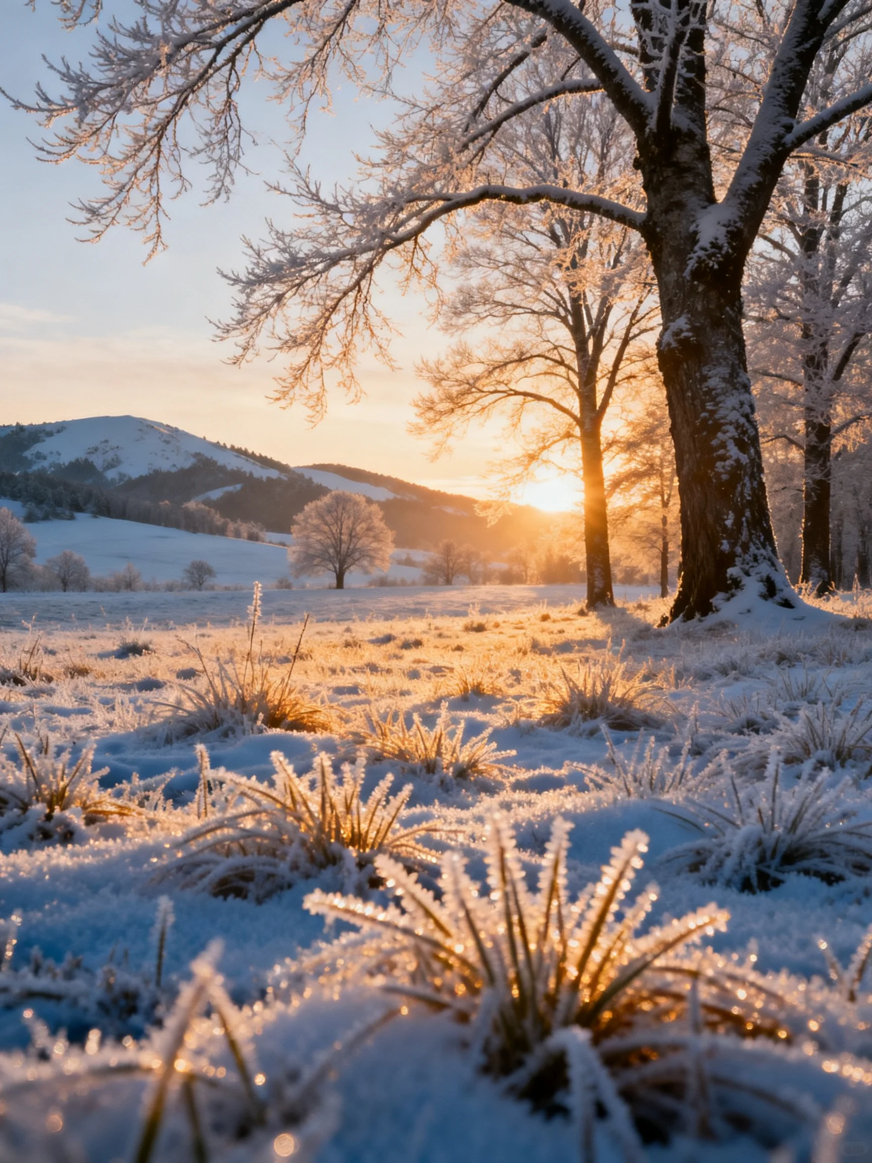 Frost-laden trees and snow-dusted meadow at golden sunrise