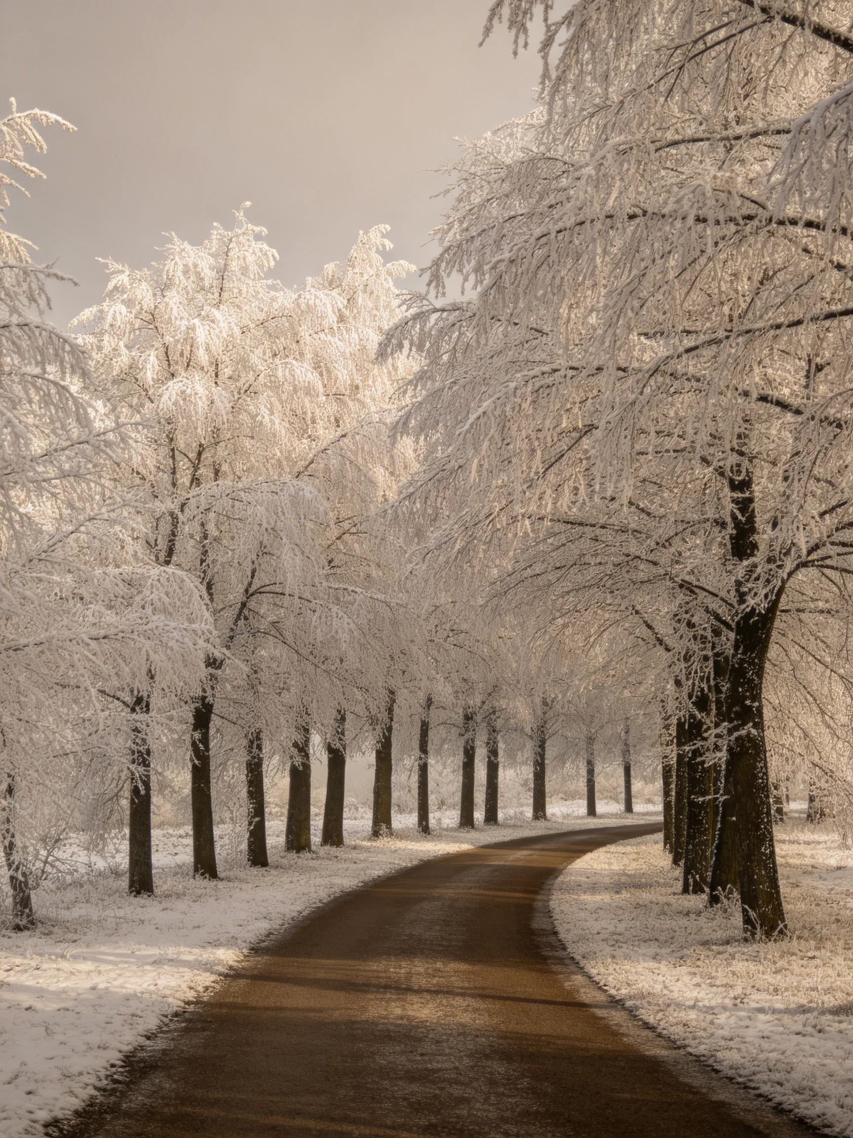 Frost-laden trees border a winding path in a snowy landscape