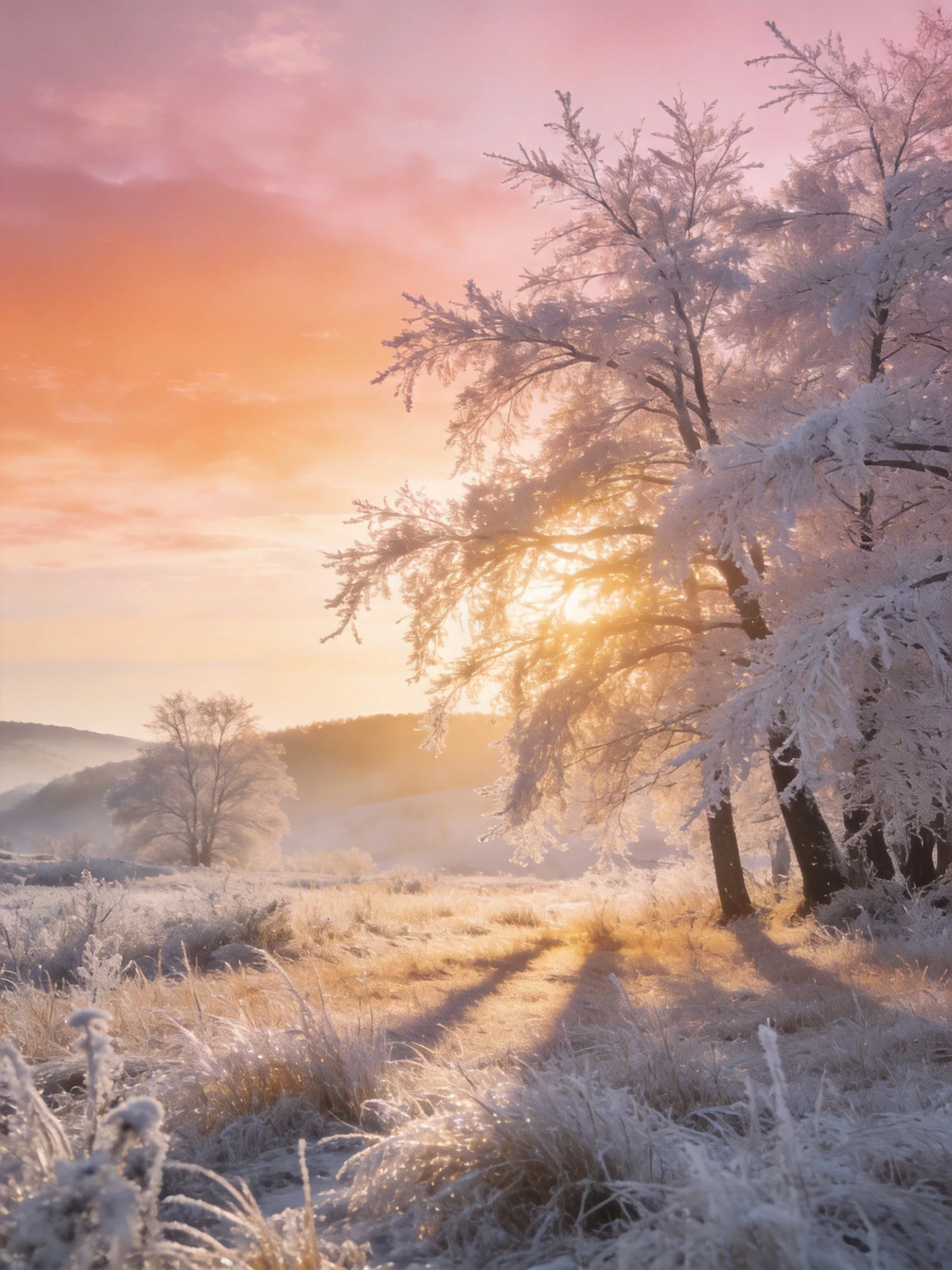 Frost-laden trees glow under a pink-orange winter sunrise