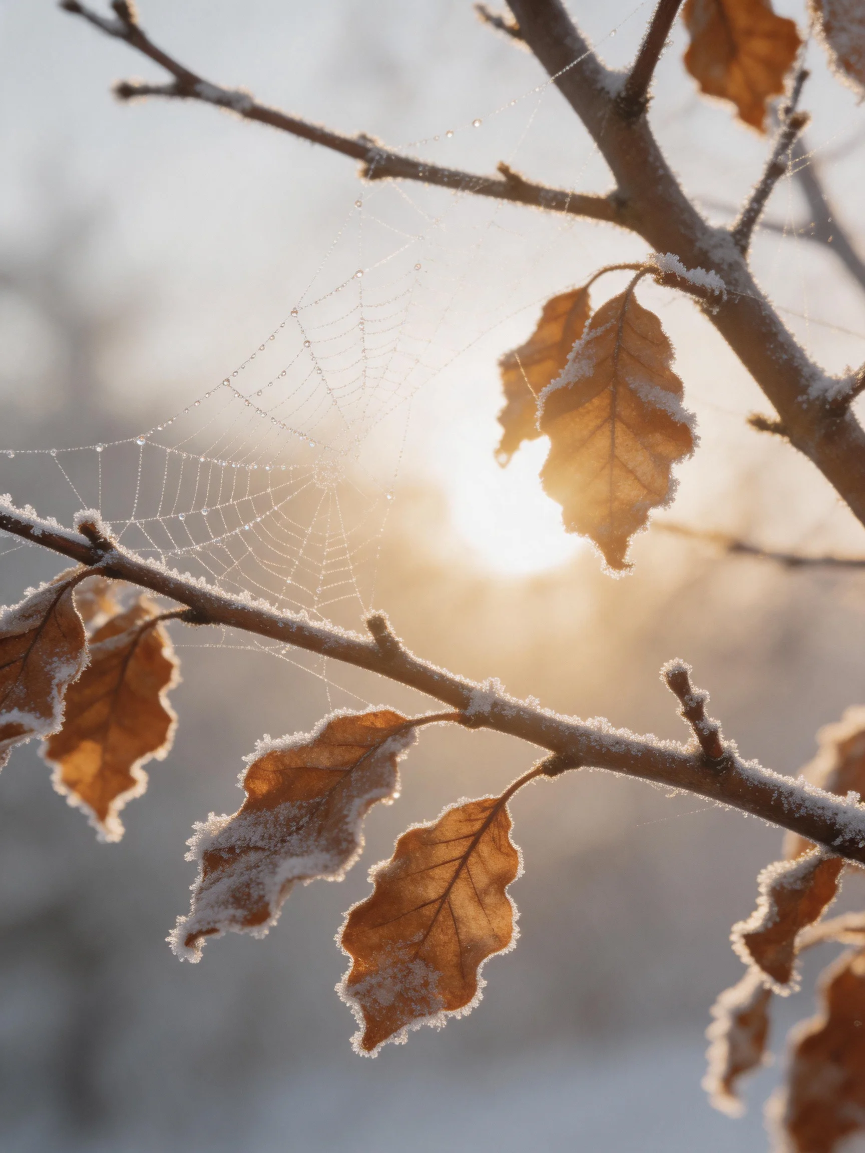 Frosted Autumn Leaves and Spider Webs Glisten Under Golden Morning Light