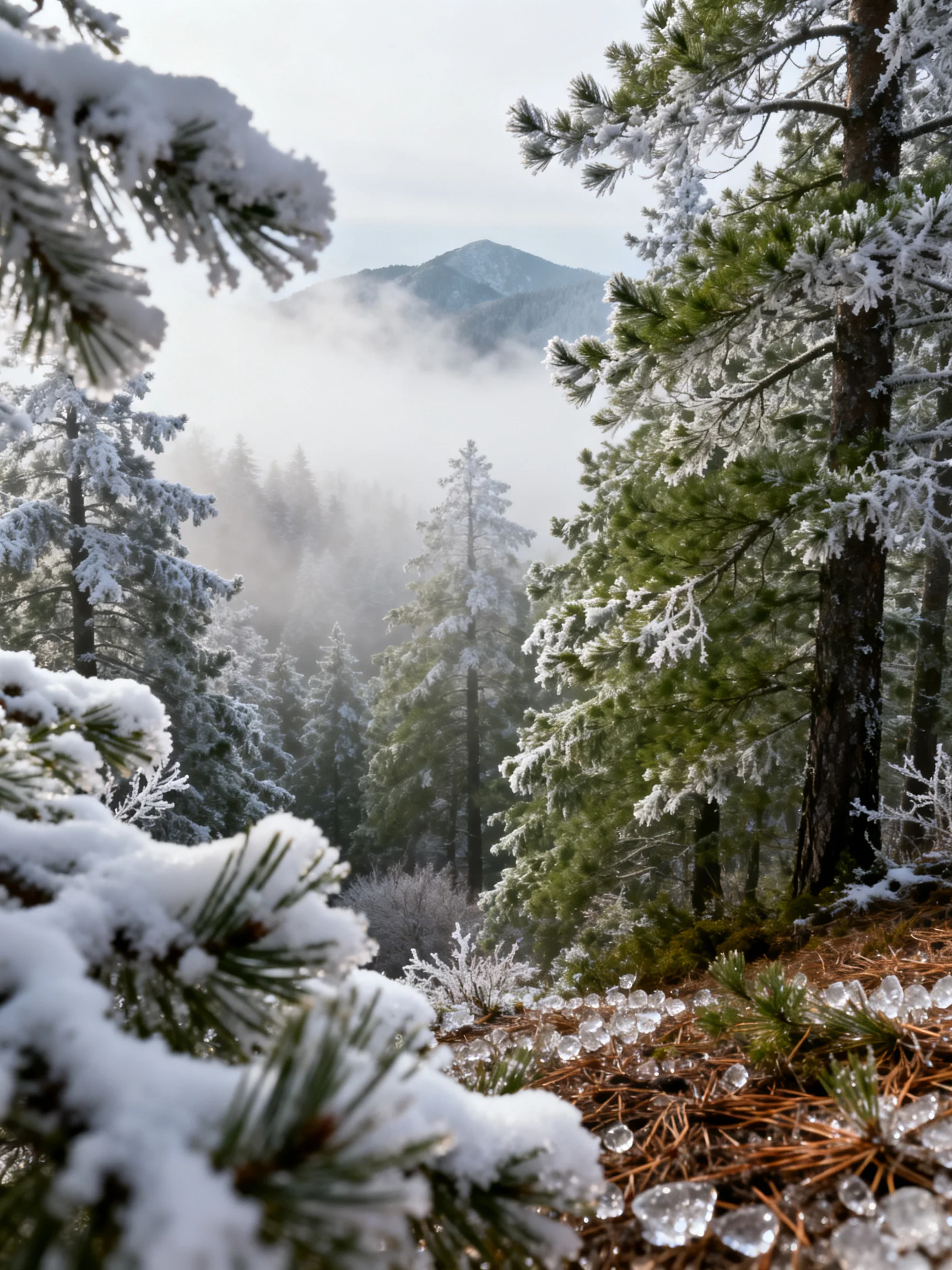 Frosted Evergreen Trees in a Misty Winter Forest Landscape