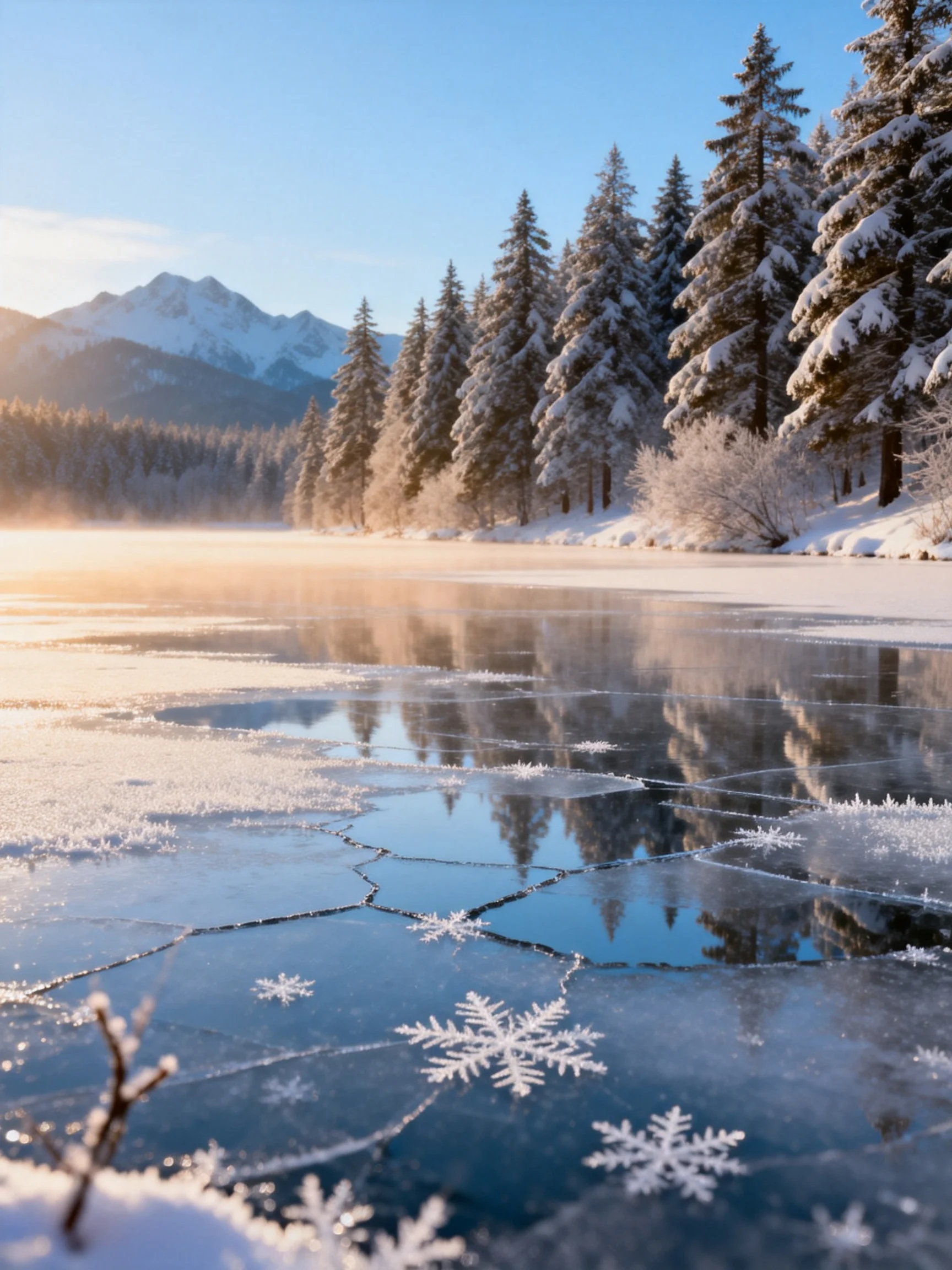 Frosted Lake with Snow-Covered Pines and Mountain Backdrop