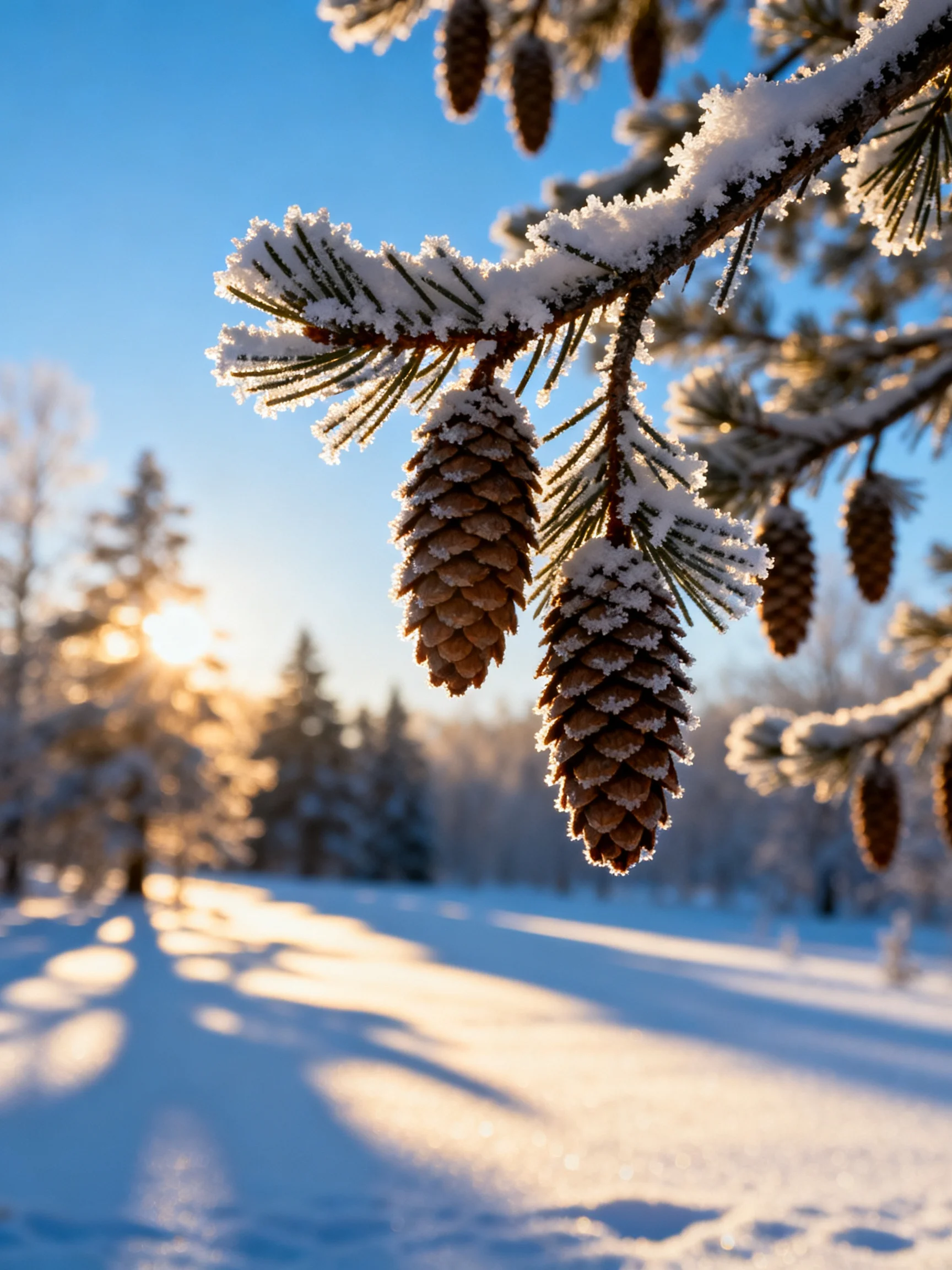 Frosted Pine Cones on Snow-Covered Branches in a Sunny Winter Scene