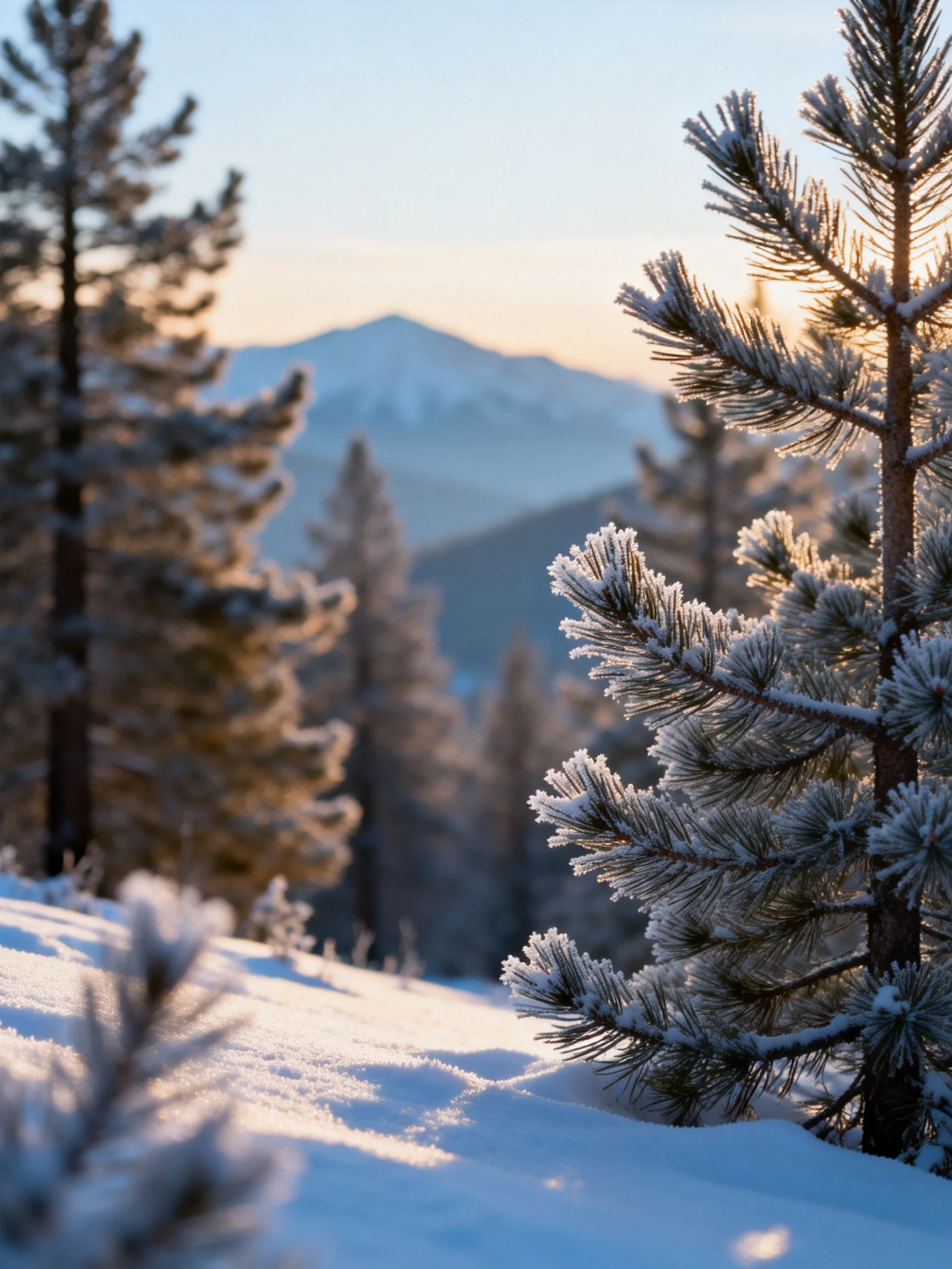 Frosted Pine Trees in a Snow-Covered Mountain Landscape