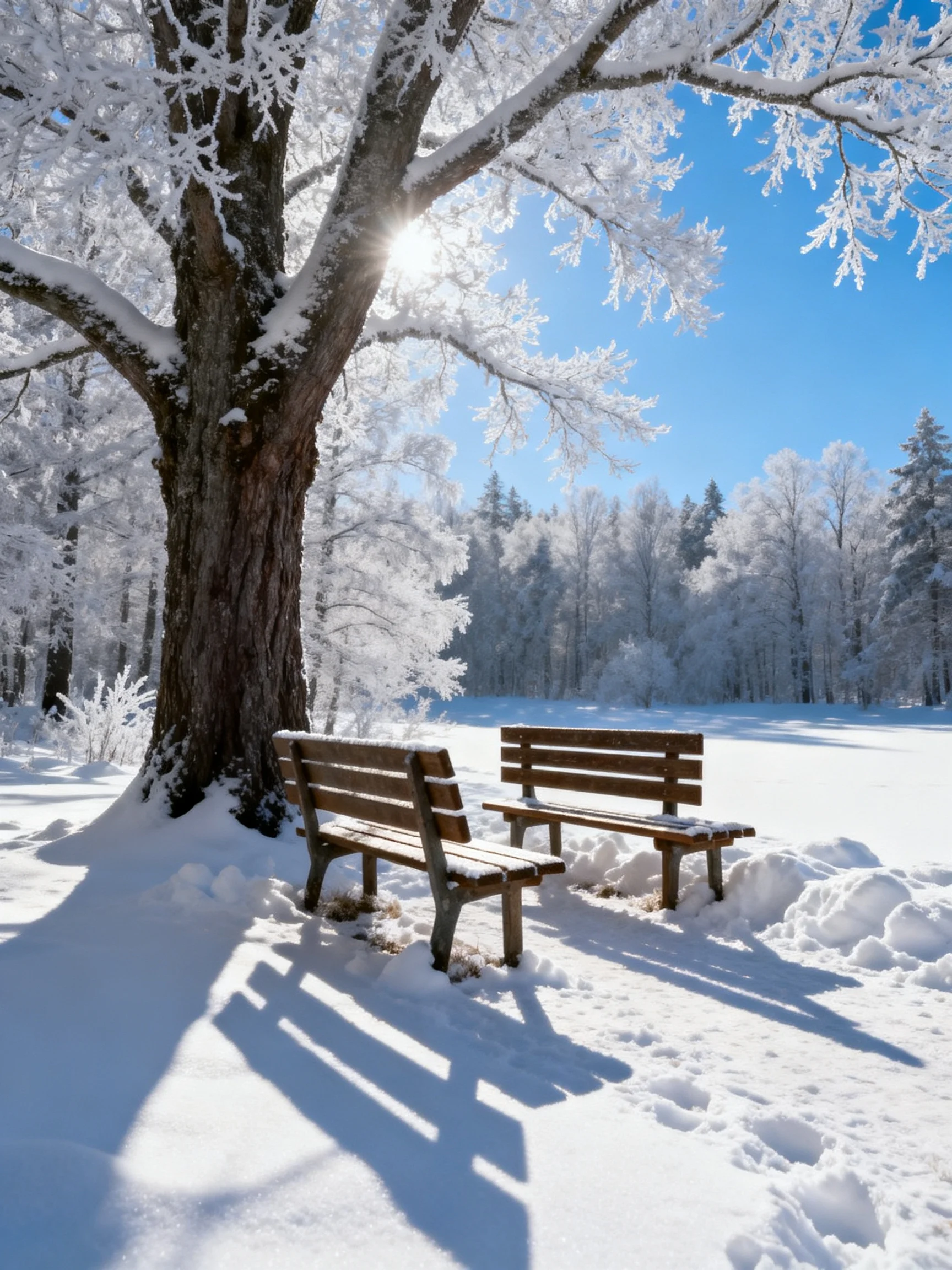 Frosted Tree and Snow-Covered Park with Wooden Benches