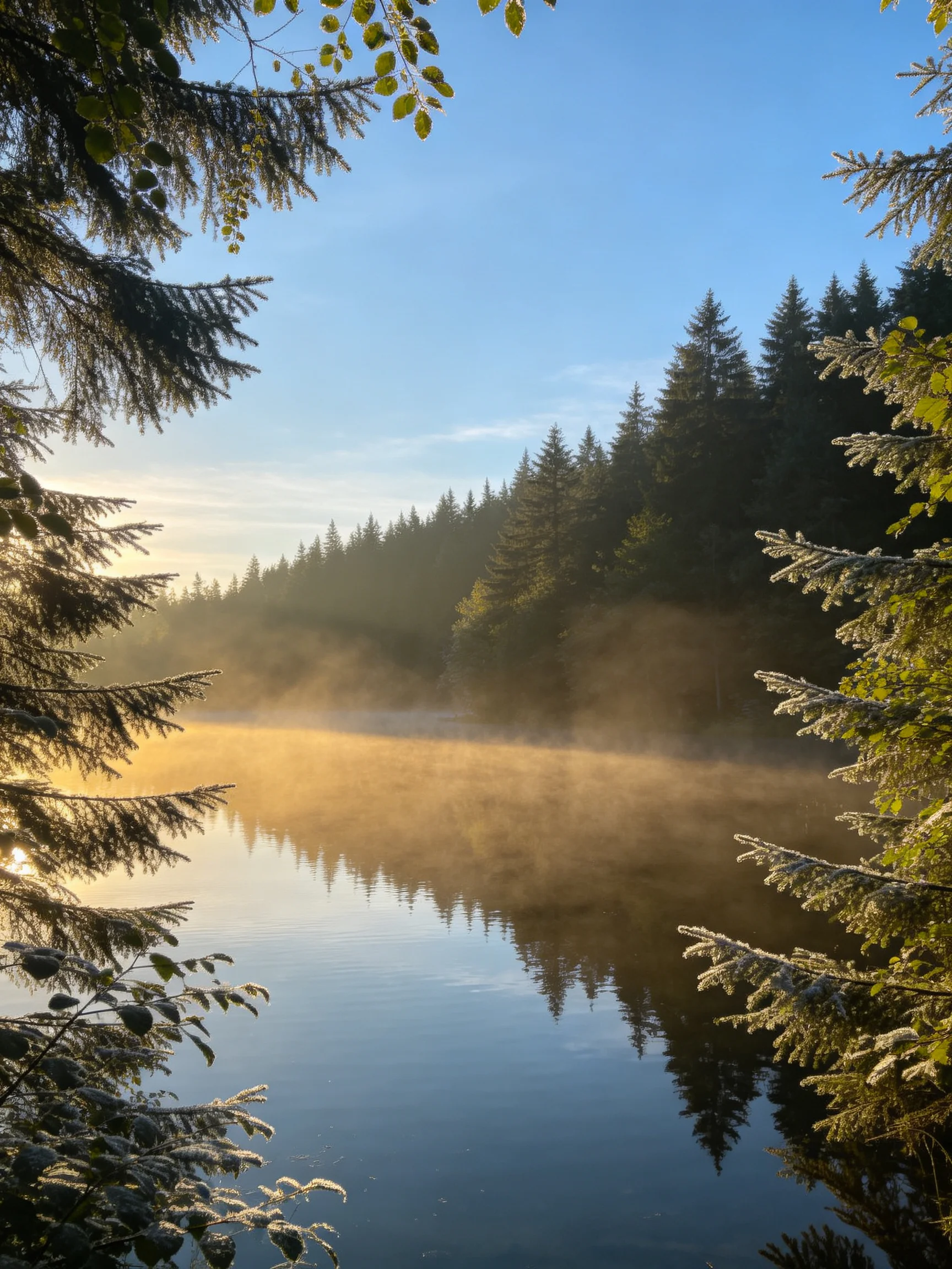 Frosted Trees Frame a Misty Forest Lake