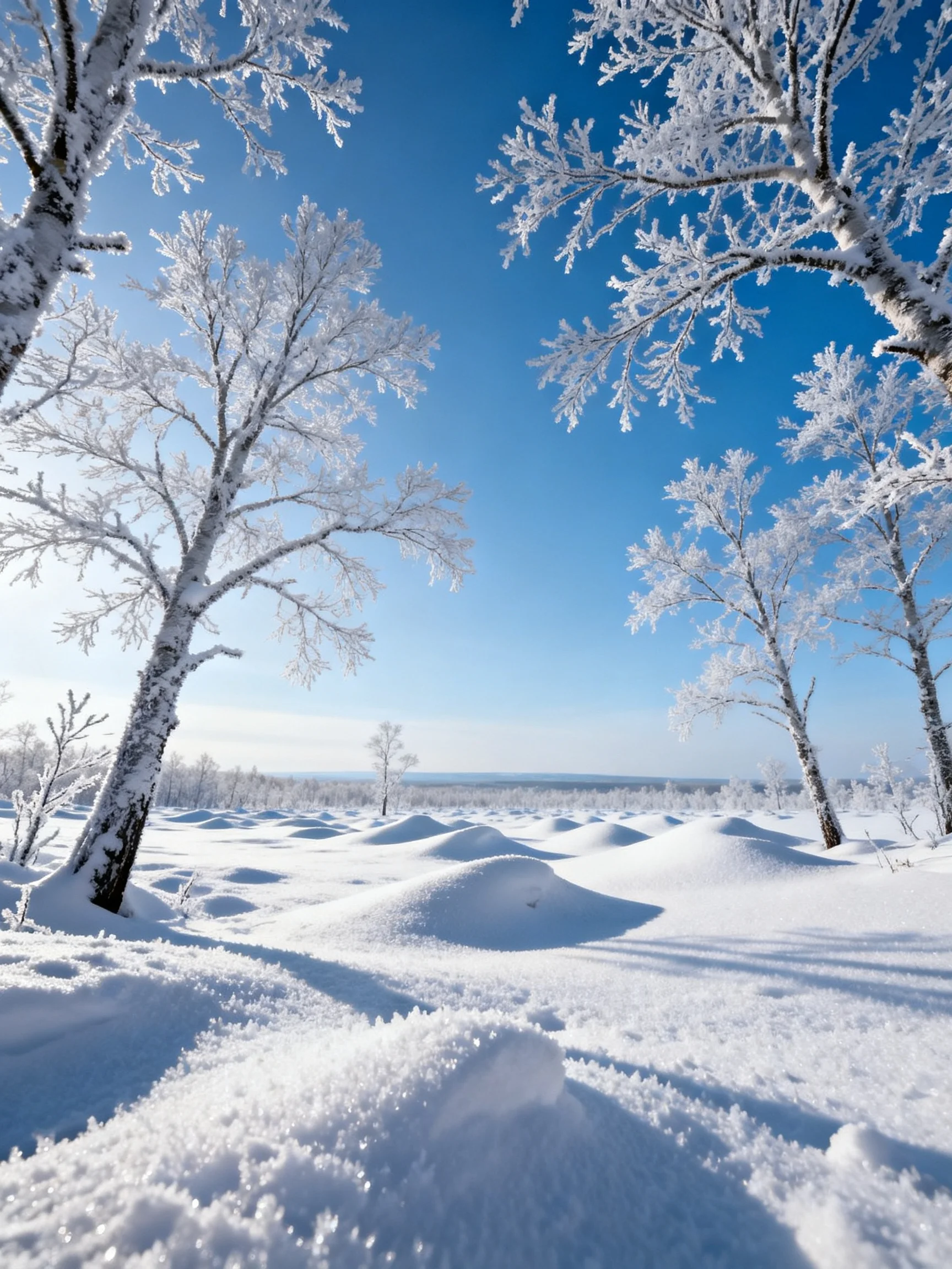 Frosted Trees Stand Amidst Snow-Covered Mounds Under Bright Blue Sky