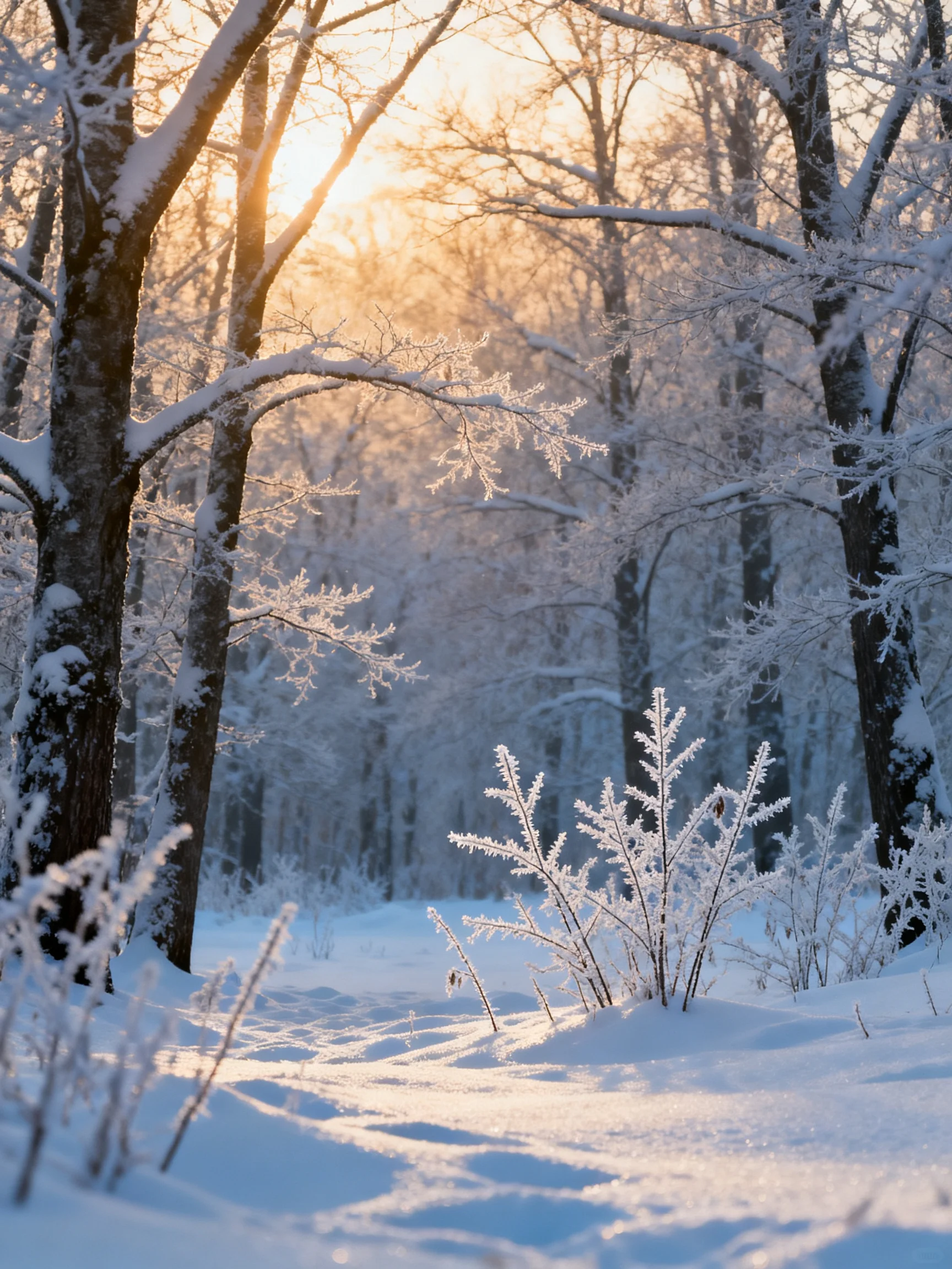Frosted Trees and Snow-Laden Branches Under Golden Sunlight