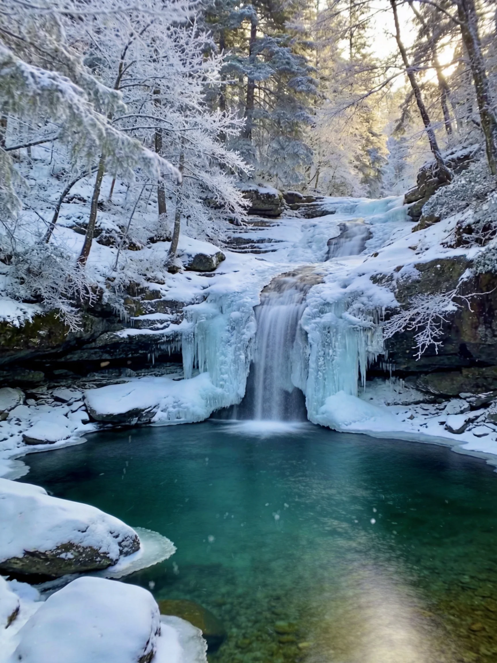 Frosted Waterfall with Icy Formations and Turquoise Pool
