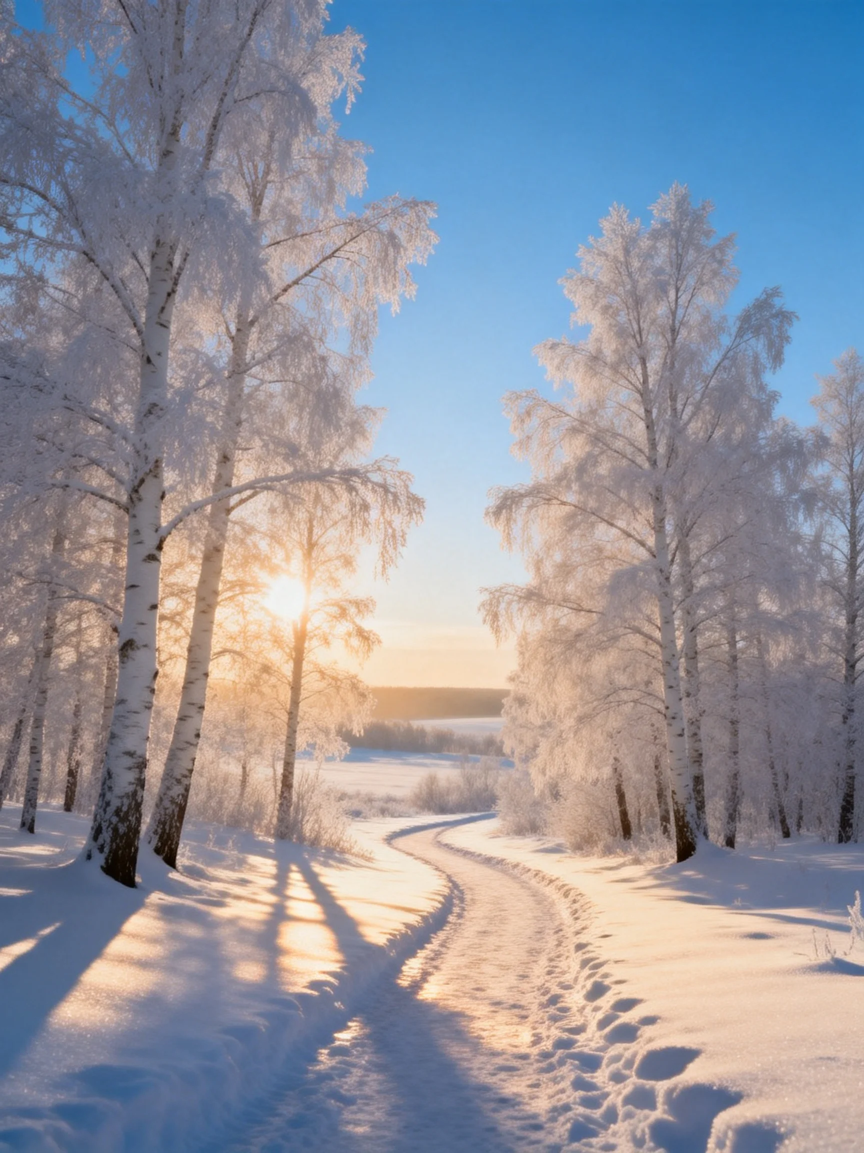 Frosted birch trees frame a sunlit snowy path extending into the distance