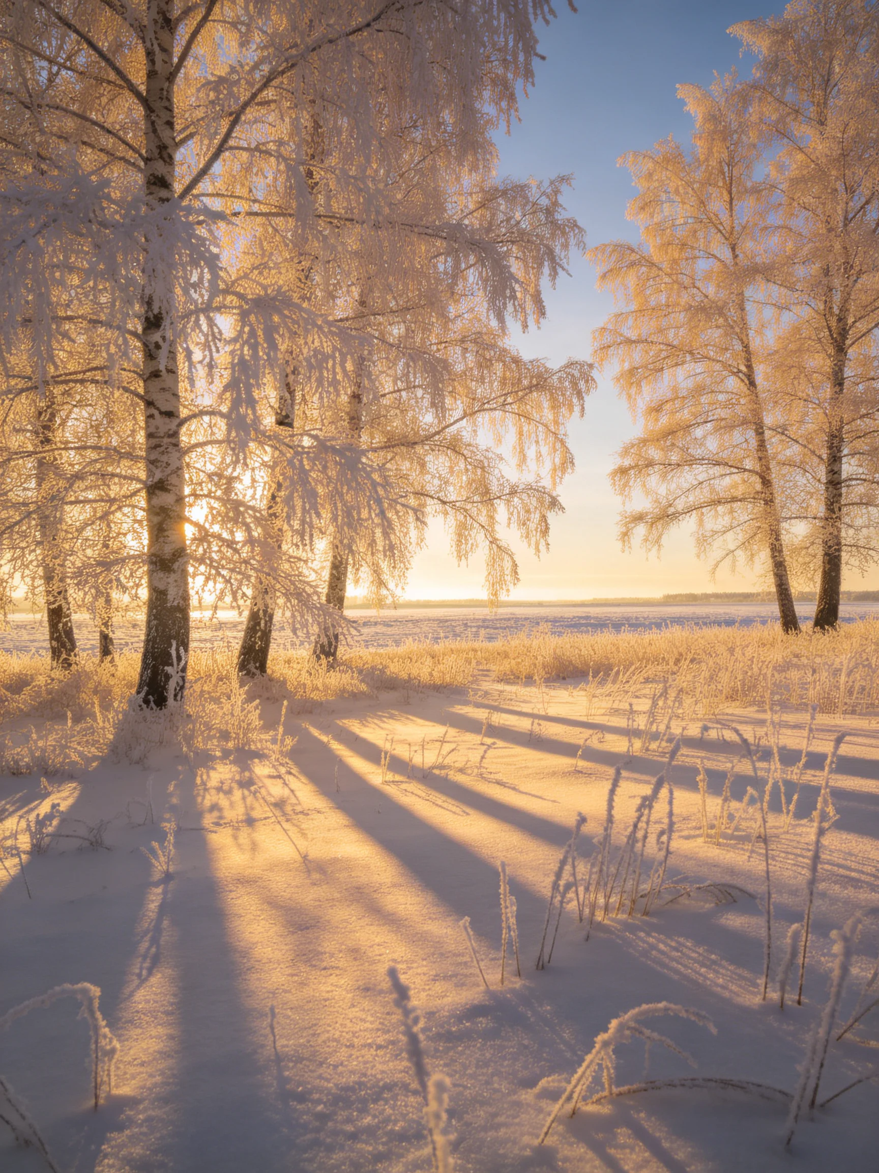 Frosted birch trees shine under golden winter sunlight