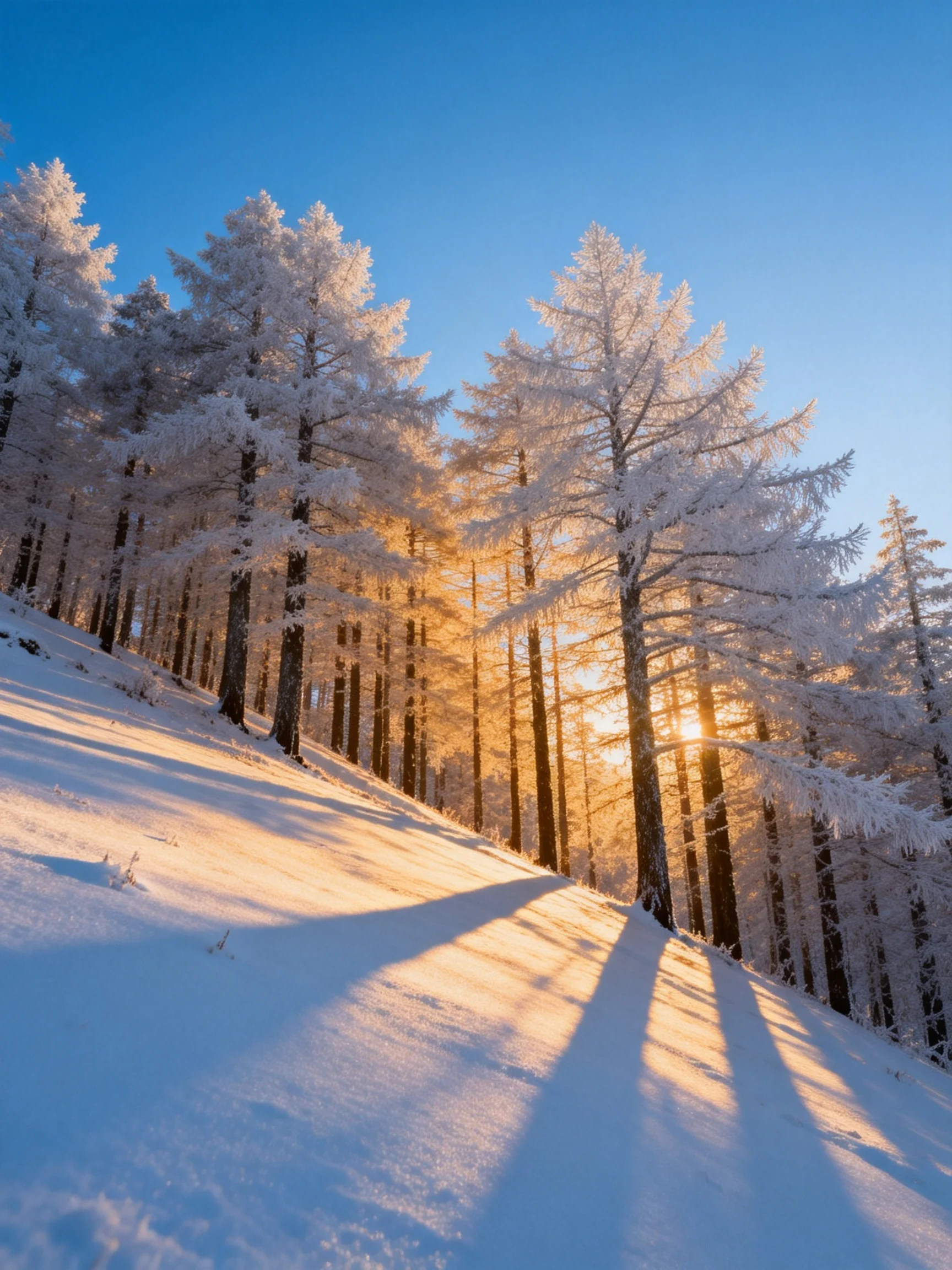 Frosted evergreen trees illuminated by golden sunlight on snowy hillside