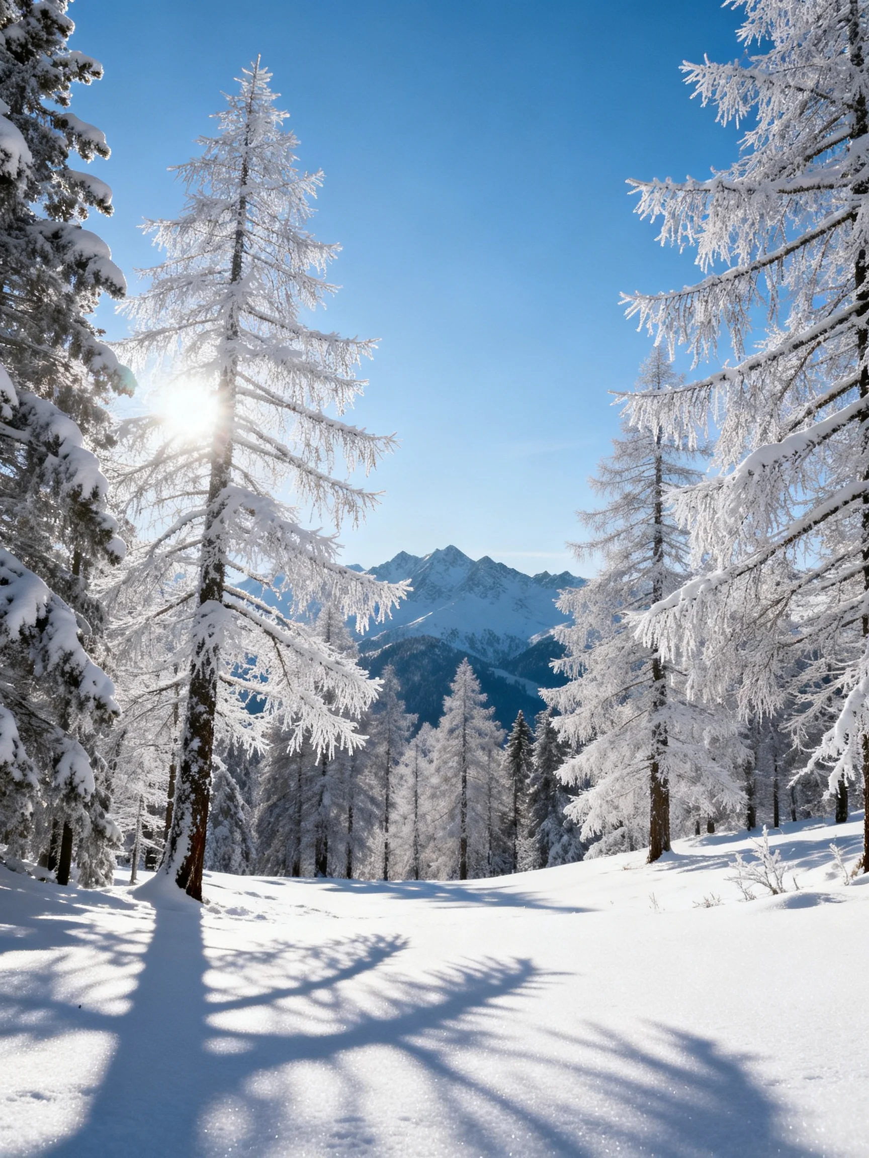 Frosted evergreen trees in snow-covered landscape with distant mountain peaks