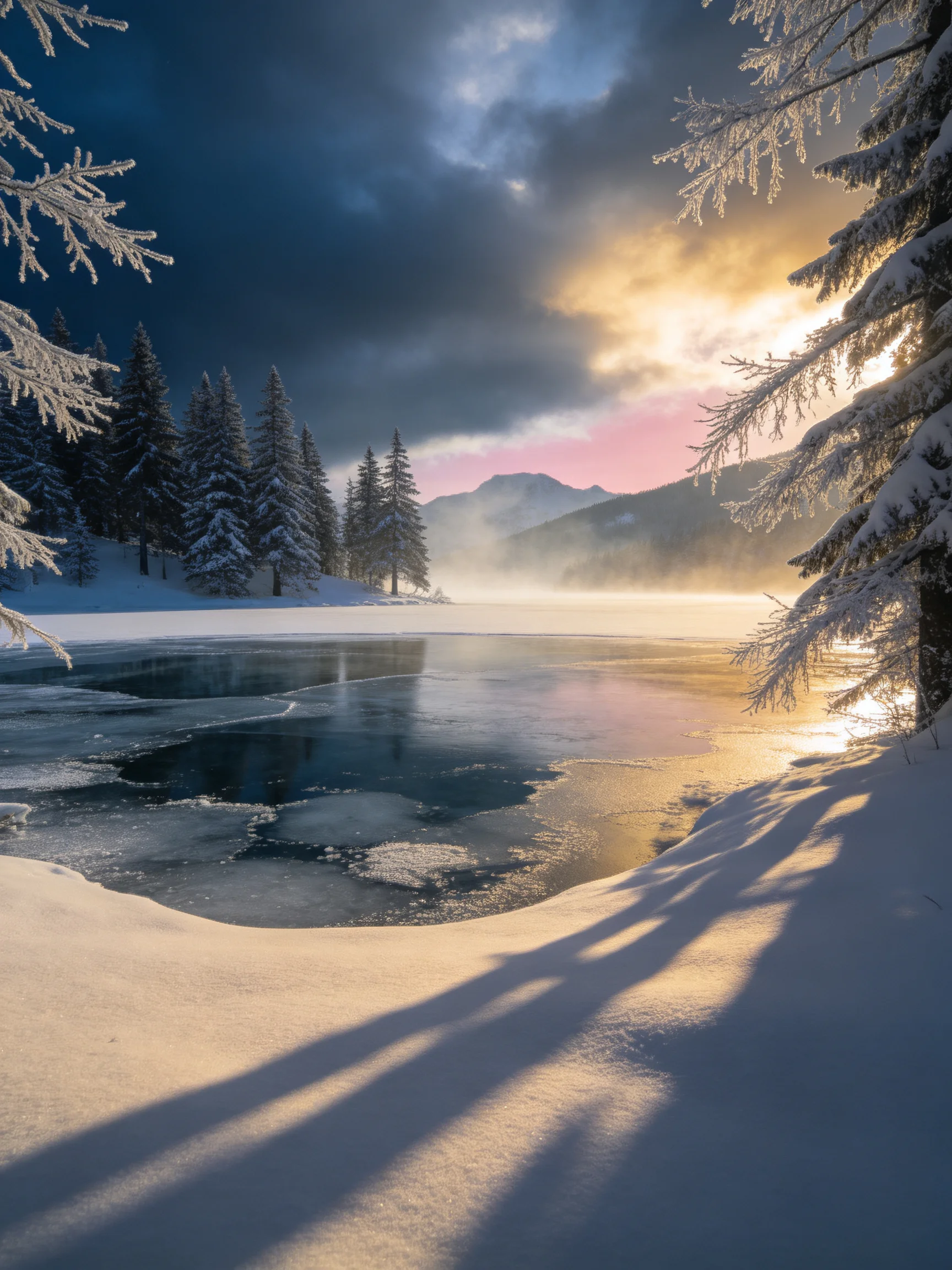 Frosted evergreens frame a partially frozen lake under dramatic winter skies