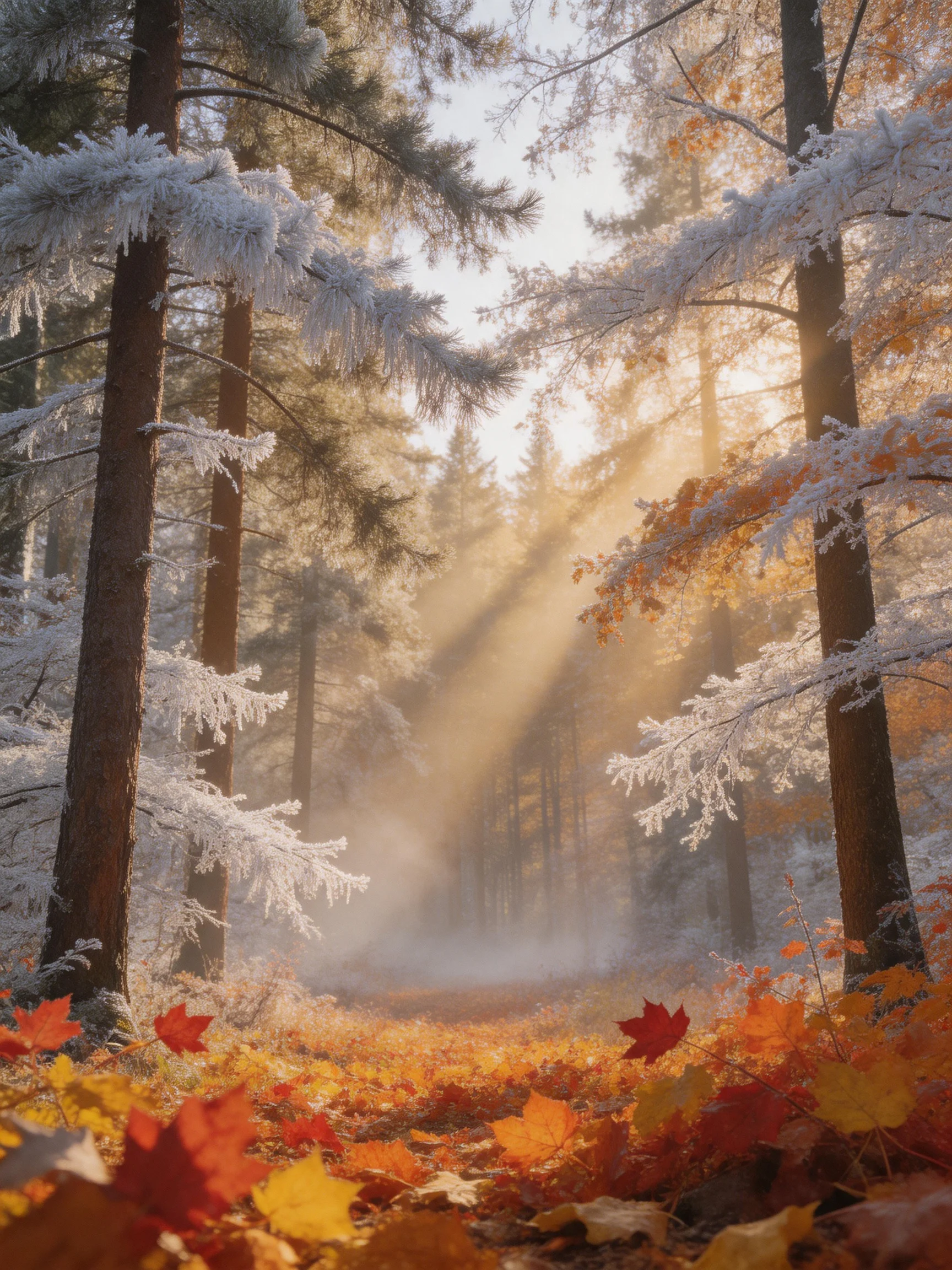 Frosted pine trees and autumn leaves under golden sunlight beams