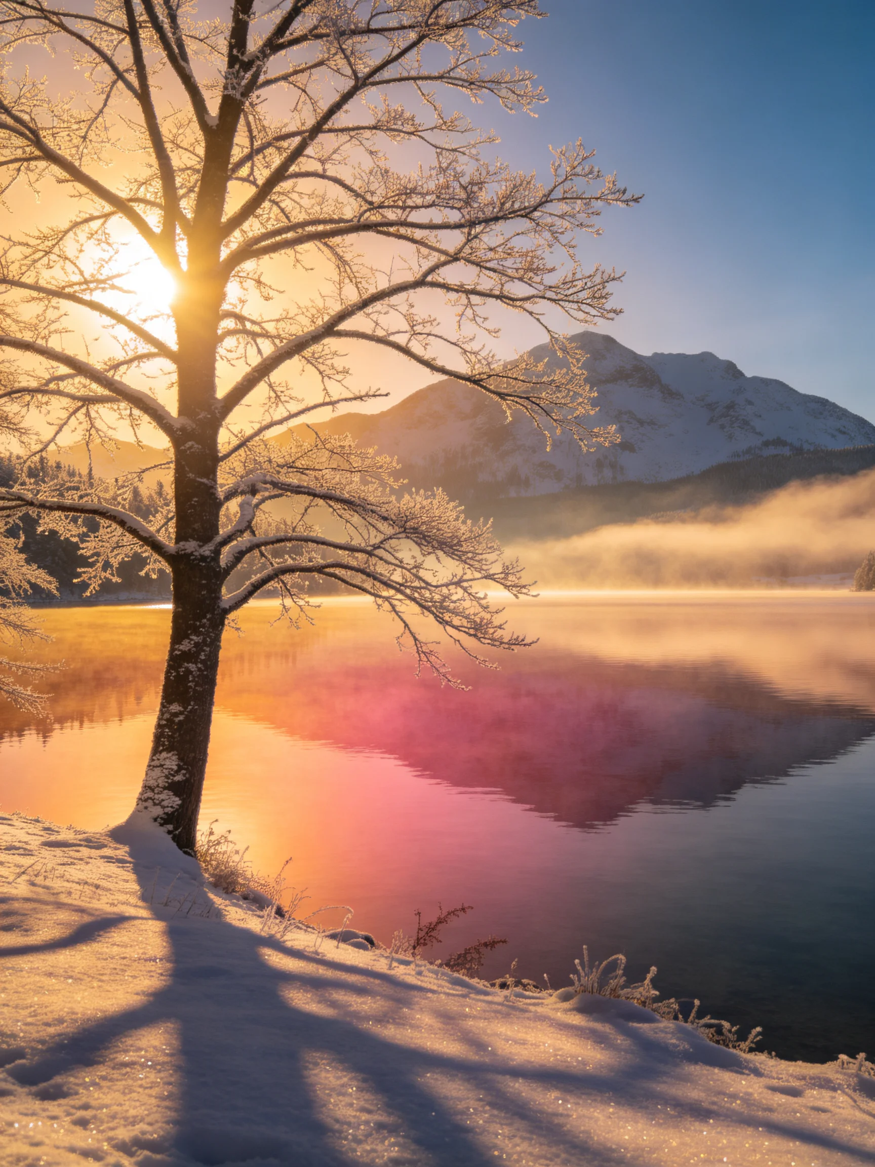 Frosted tree beside a colorful, misty winter lake with snow-capped mountains