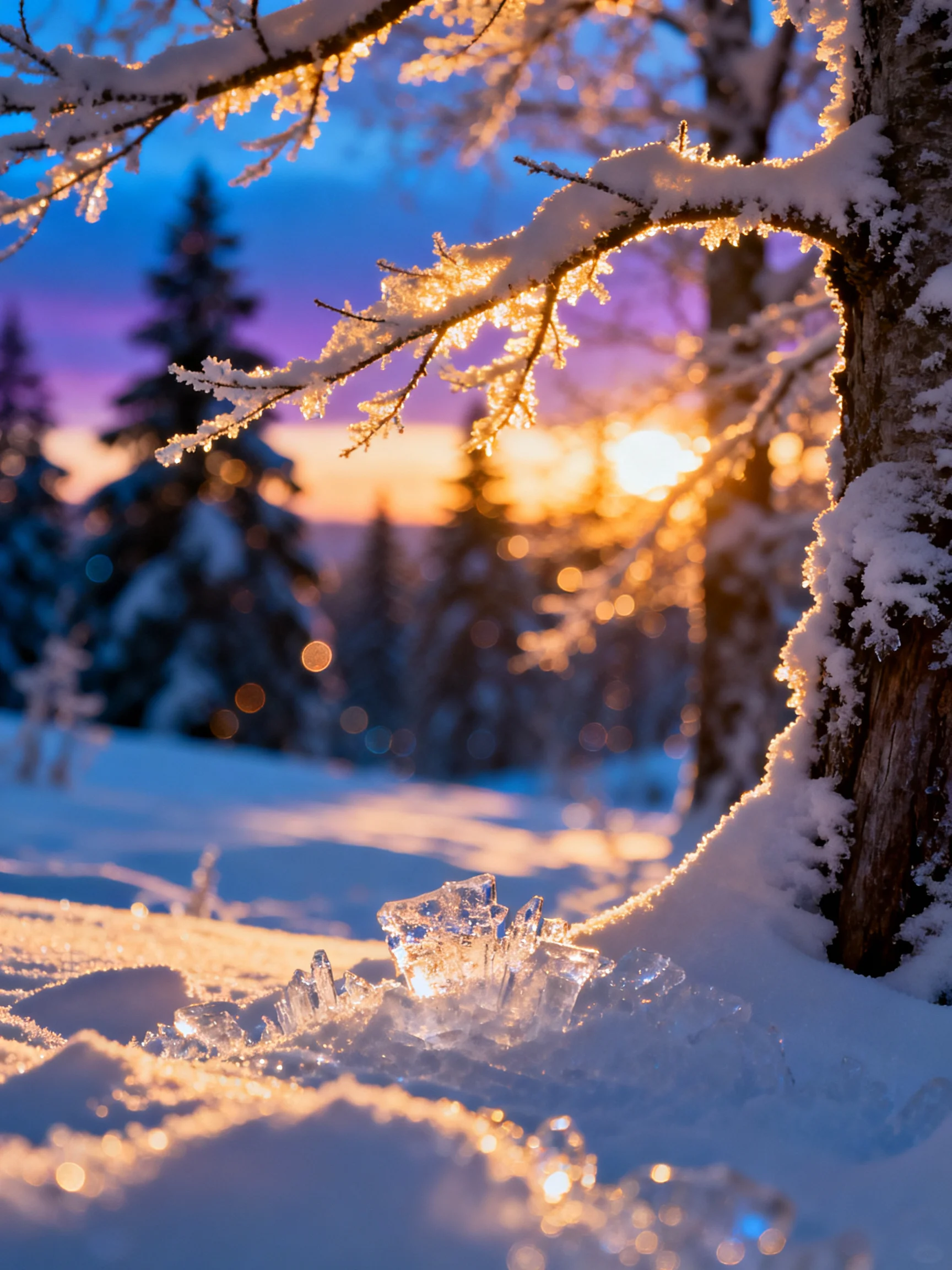 Frosted tree branches, glistening ice crystals, and snowy forest at sunset