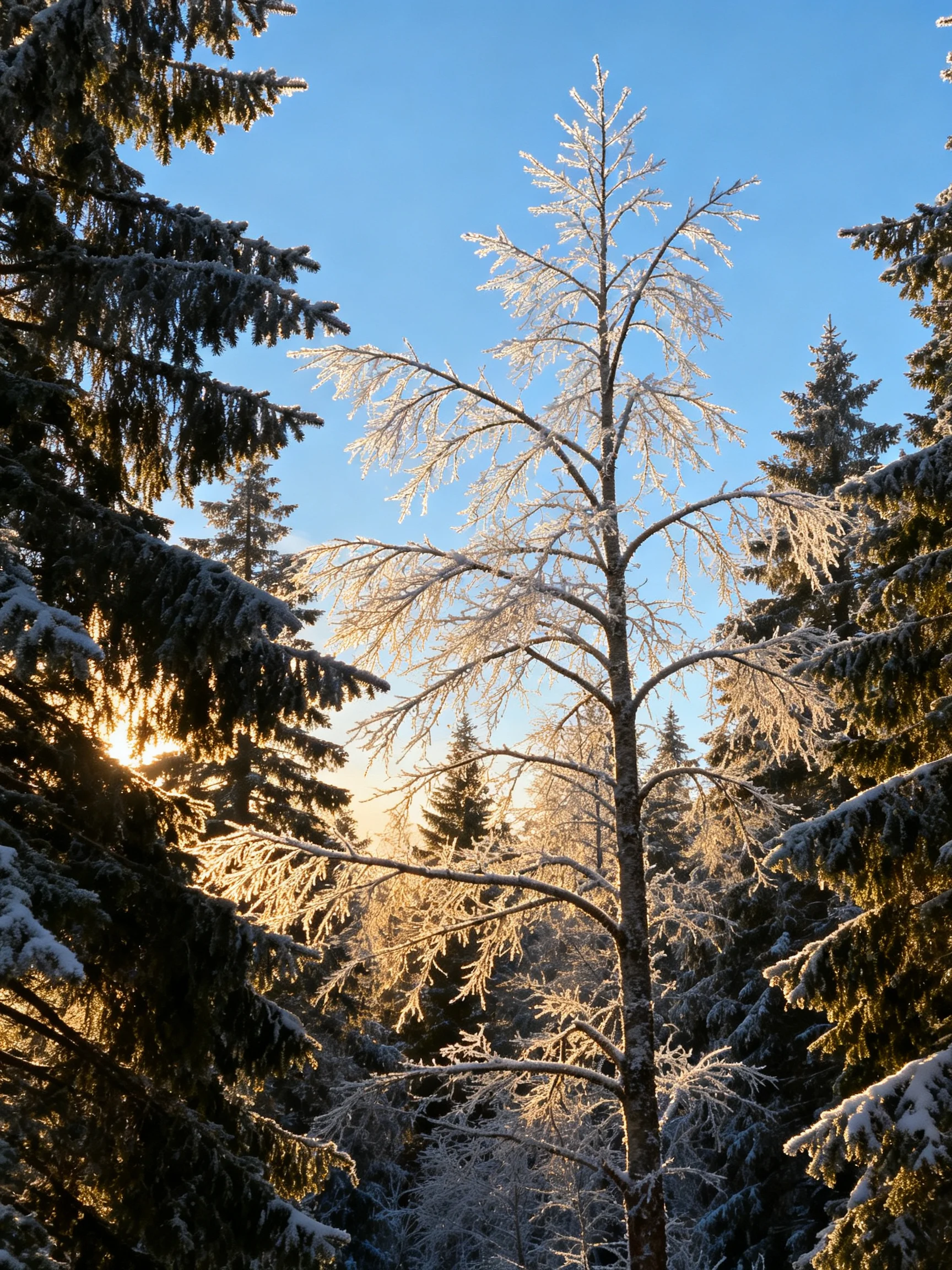 Frosted tree stands among snow-l laden evergreens under clear blue sky