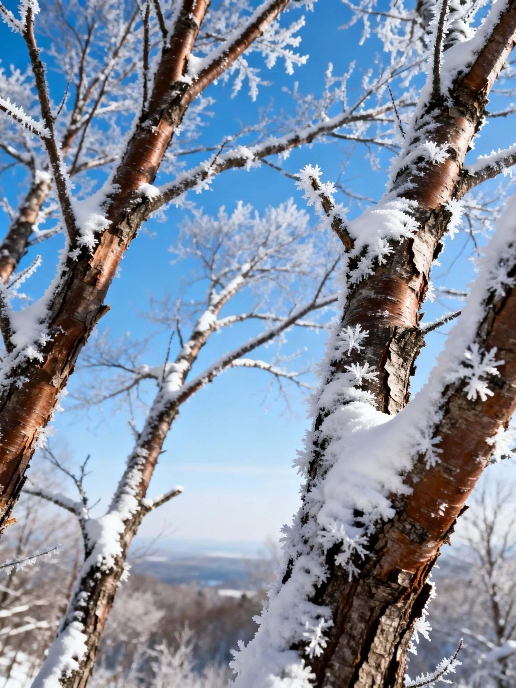 Frosted tree trunks with white ice crystals against bright blue sky