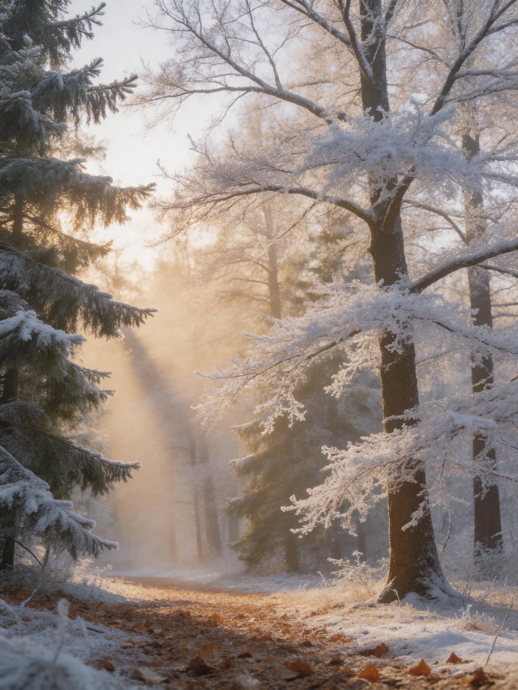 Frosted trees and golden sunlight in wintry forest