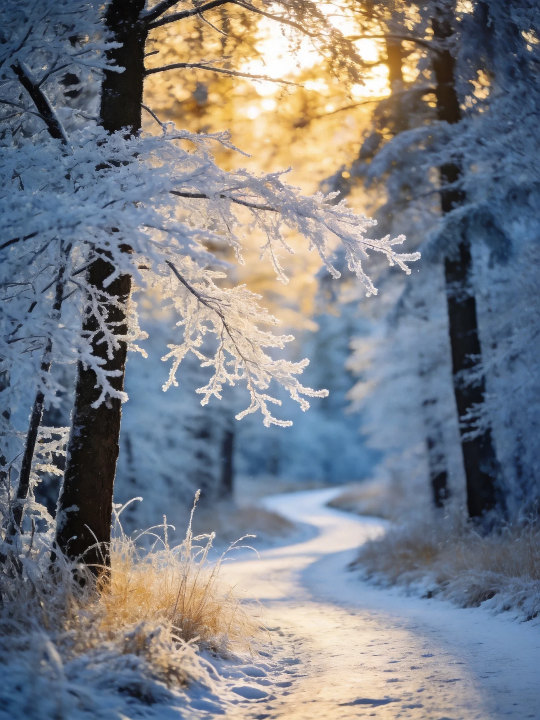 Frosted winter forest path illuminated by golden sunlight