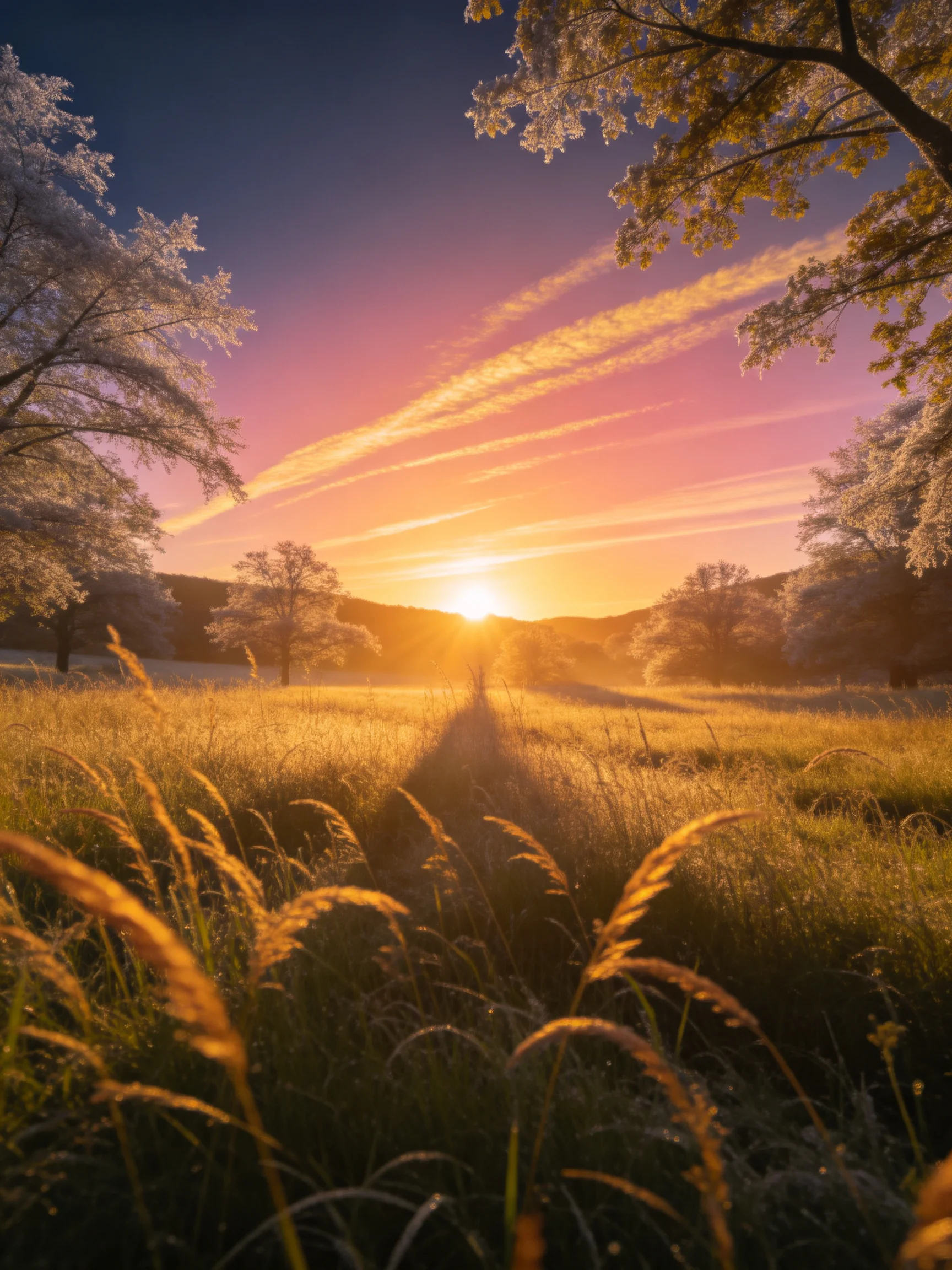 Frosty trees and golden grass under a colorful sunrise sky